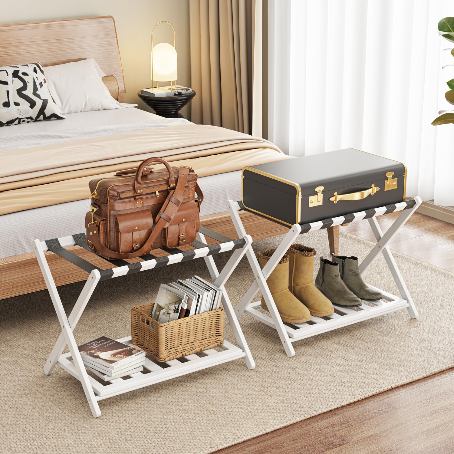 2 Pack Bamboo Folding Luggage Rack with Storage Shelf - 26.77