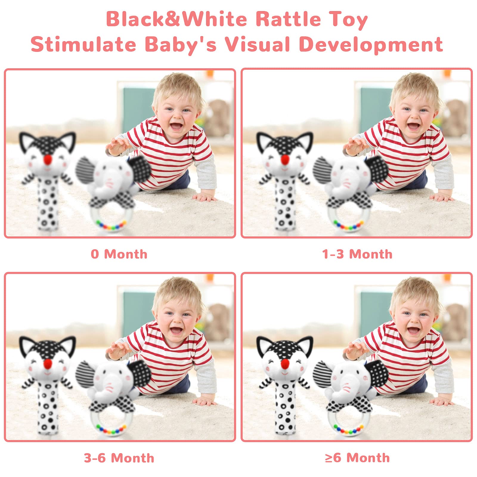 Best Baby Rattles for 0-6 Months - High Contrast Black & White Newborn Toys for 0-3 Months - Soft Plush Infant Rattles for Boys & Girls 0-12 Months - Perfect for Sensory Development & Early Learning Playtime