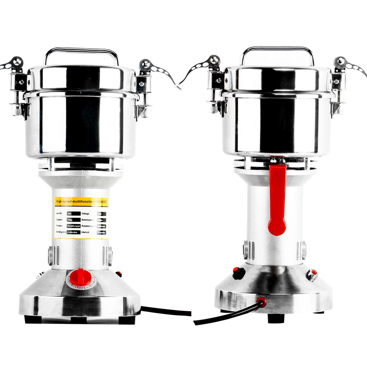 700g Commercial Electric Grain Mill Grinder - 2500W High-Speed Stainless Steel Powder Machine for Spices, Herbs, Pepper & Coffee - 70-300 Mesh, 36000 RPM - Perfect for Home Kitchens, Bakeries & Coffee Shops