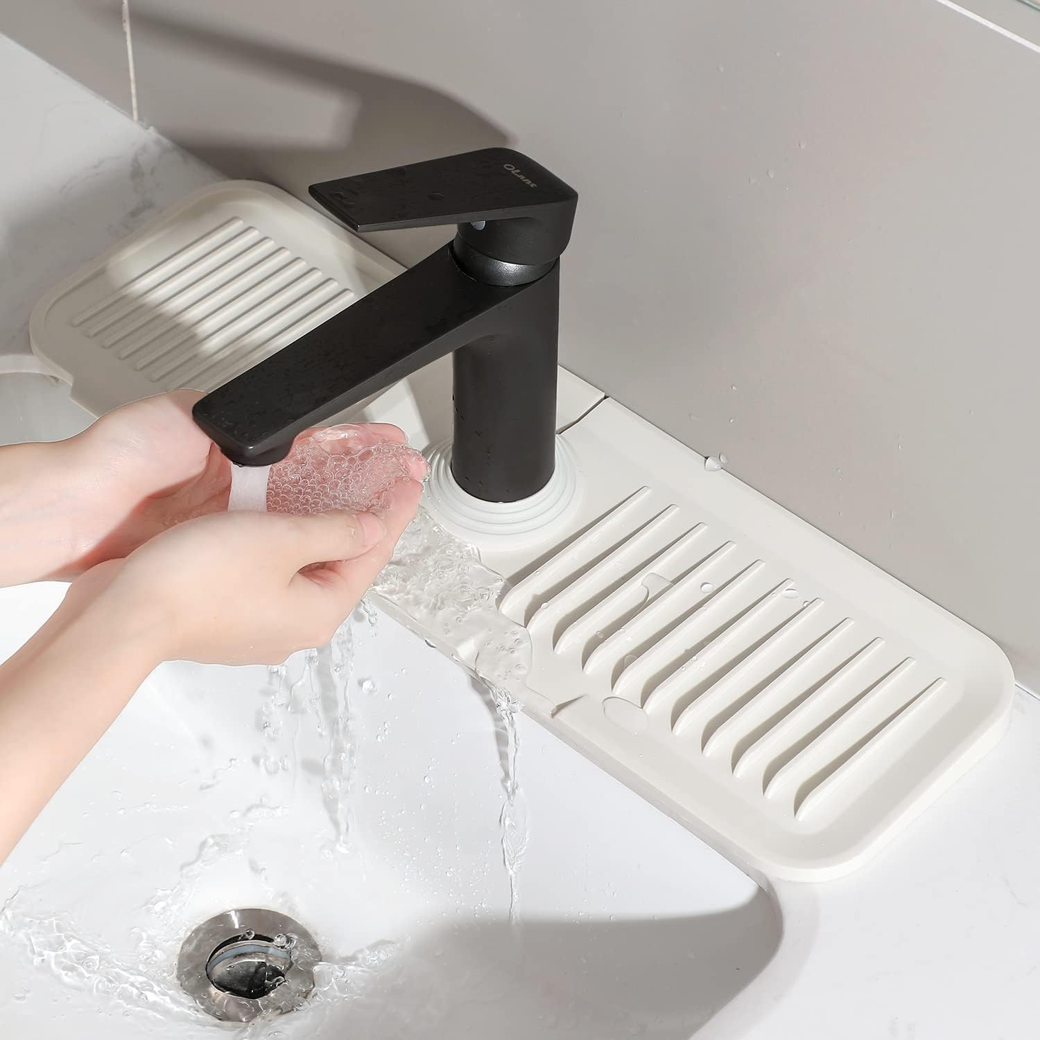 Premium Silicone Faucet Mat & Dish Soap Sponge Holder - Non-Slip Kitchen Sink Accessory, Drying Mat for Countertops, Bathroom & Kitchen Sink Splash Guard (Beige White) | Perfect for Organizing, Drying Dishes & Protecting Surfaces from Water Damage