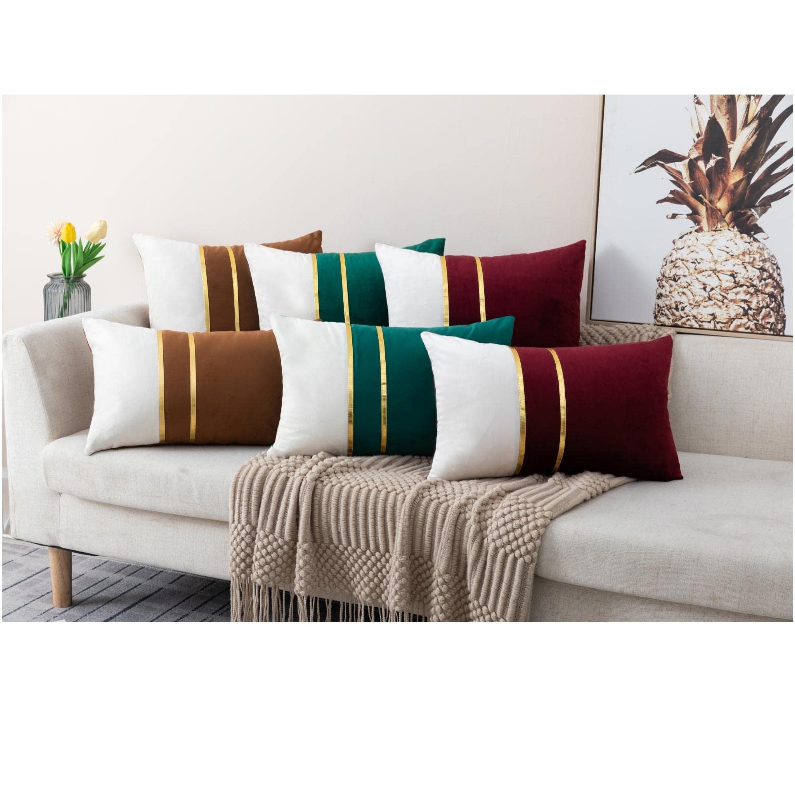 ZLINA Set of 2 Velvet Decorative Lumbar Pillow Covers - Grey & White Patchwork with Gold Leather Trim (12×20 Inch) for Sofa, Bed, Living Room & Car Decor - Luxury Home Accent Pillows