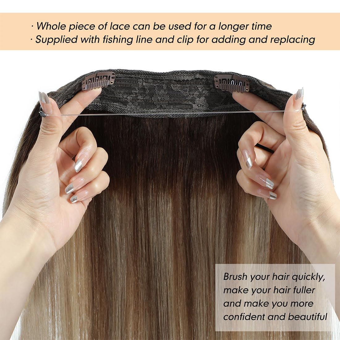 12 Inch Chocolate Brown to Light Brown Blonde Straight Real Human Hair Extensions with Invisible Fish Line Wire - Perfect for Daily Wear, Parties & Special Occasions