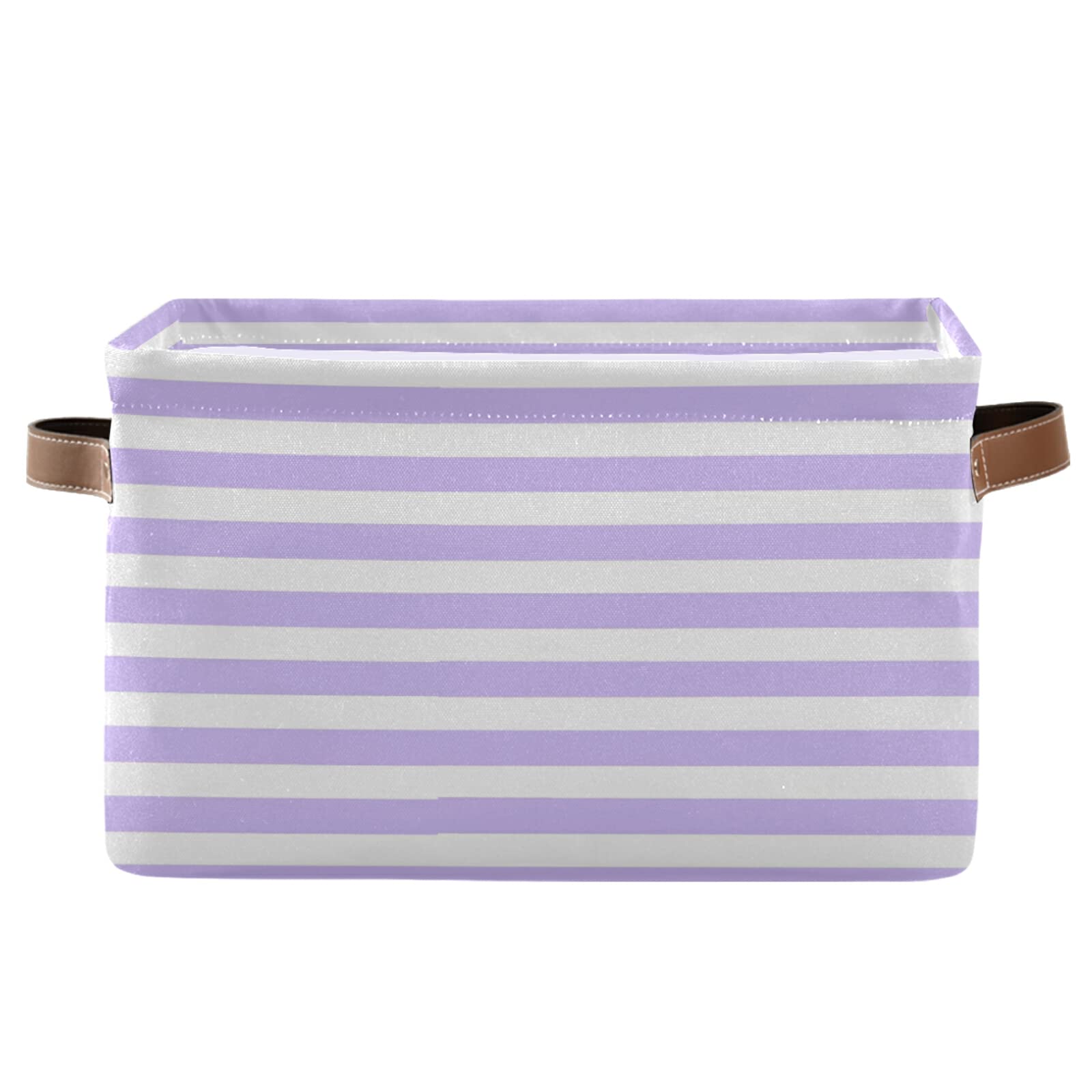 White Lilac Striped Storage Basket - Large Collapsible Cube Organizer with PU Handles for Shelf, Closet, Nursery & Laundry | Perfect for Home Organization, Baby Room Storage & Closet Decluttering (1 Pack)