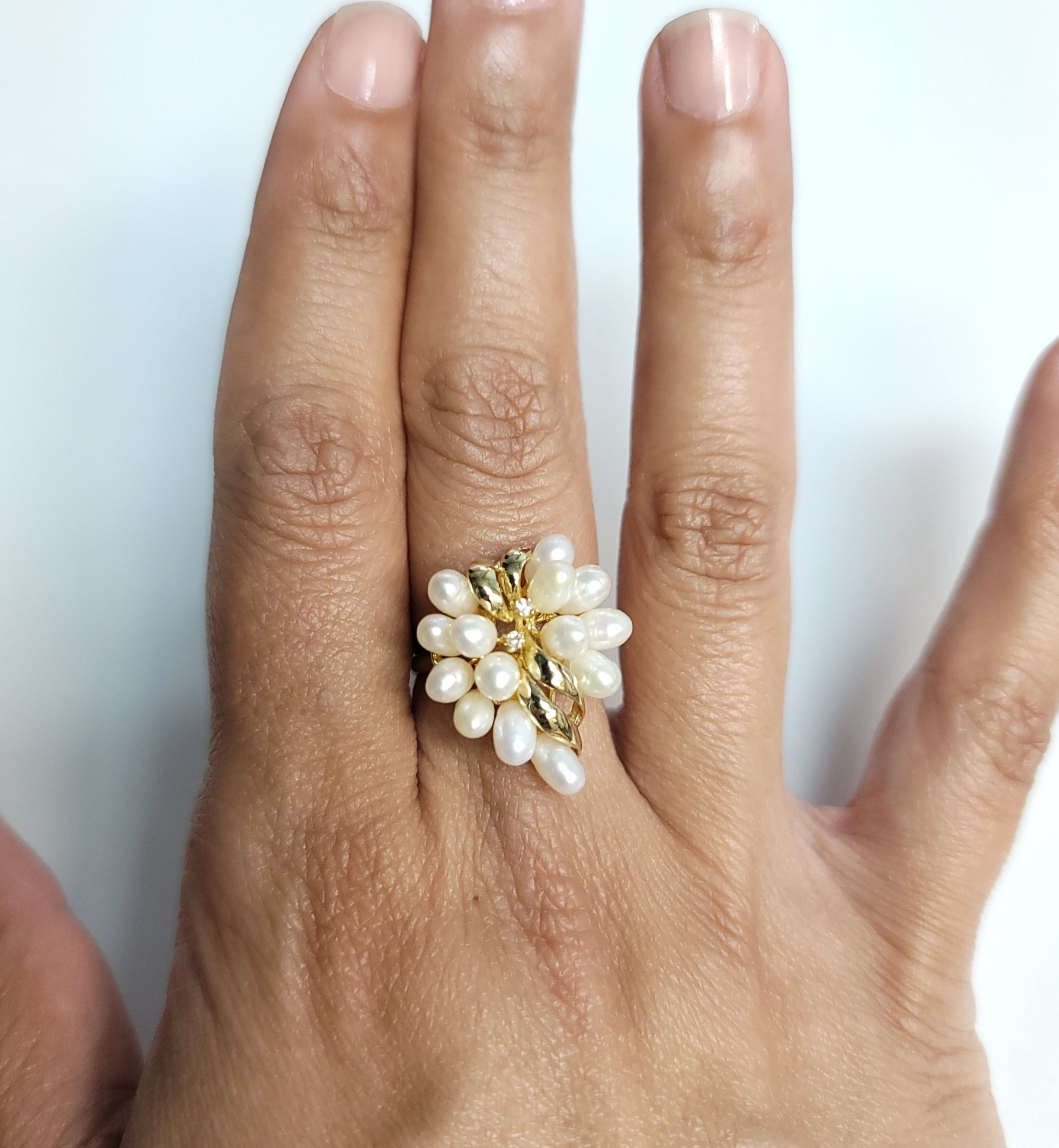 14k Yellow Gold Freshwater Pearl Grape Cluster Cocktail Ring with Diamond Accents - Elegant Jewelry for Parties, Weddings & Special Occasions