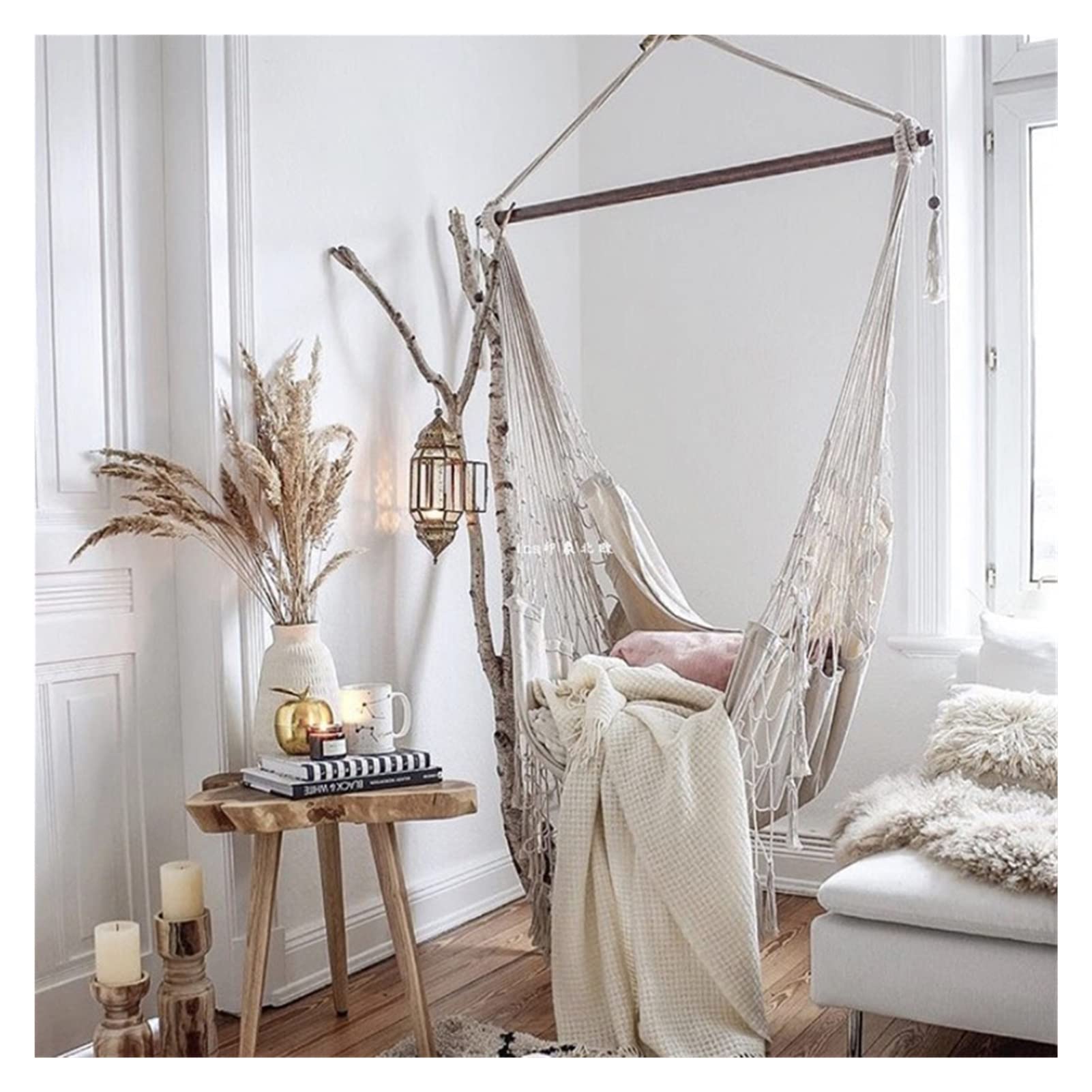 Premium LUHCEAS Hammock Swing Chair with Tassels - Breathable Cotton Hanging Chair for Indoor/Outdoor Use - Patio, Garden, Porch, Balcony Relaxation (White) - Perfect for Reading, Lounging & Backyard Decor