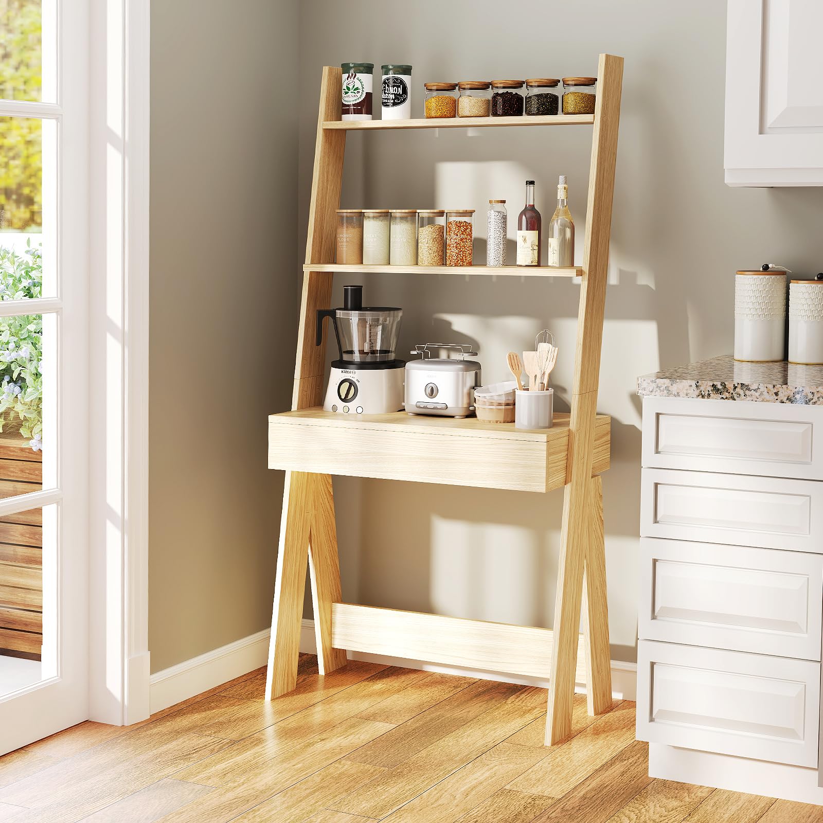Tangkula Space-Saving Ladder Desk with Wooden Countertop & Storage Drawer - Compact Home Office Computer Table with Open Shelves & Anti-Tip Safety Kit - Wall-Leaning Workstation for Small Spaces (Natural Wood Finish) - Perfect for Dorm Rooms, Studio Apartments & Home Office Setups