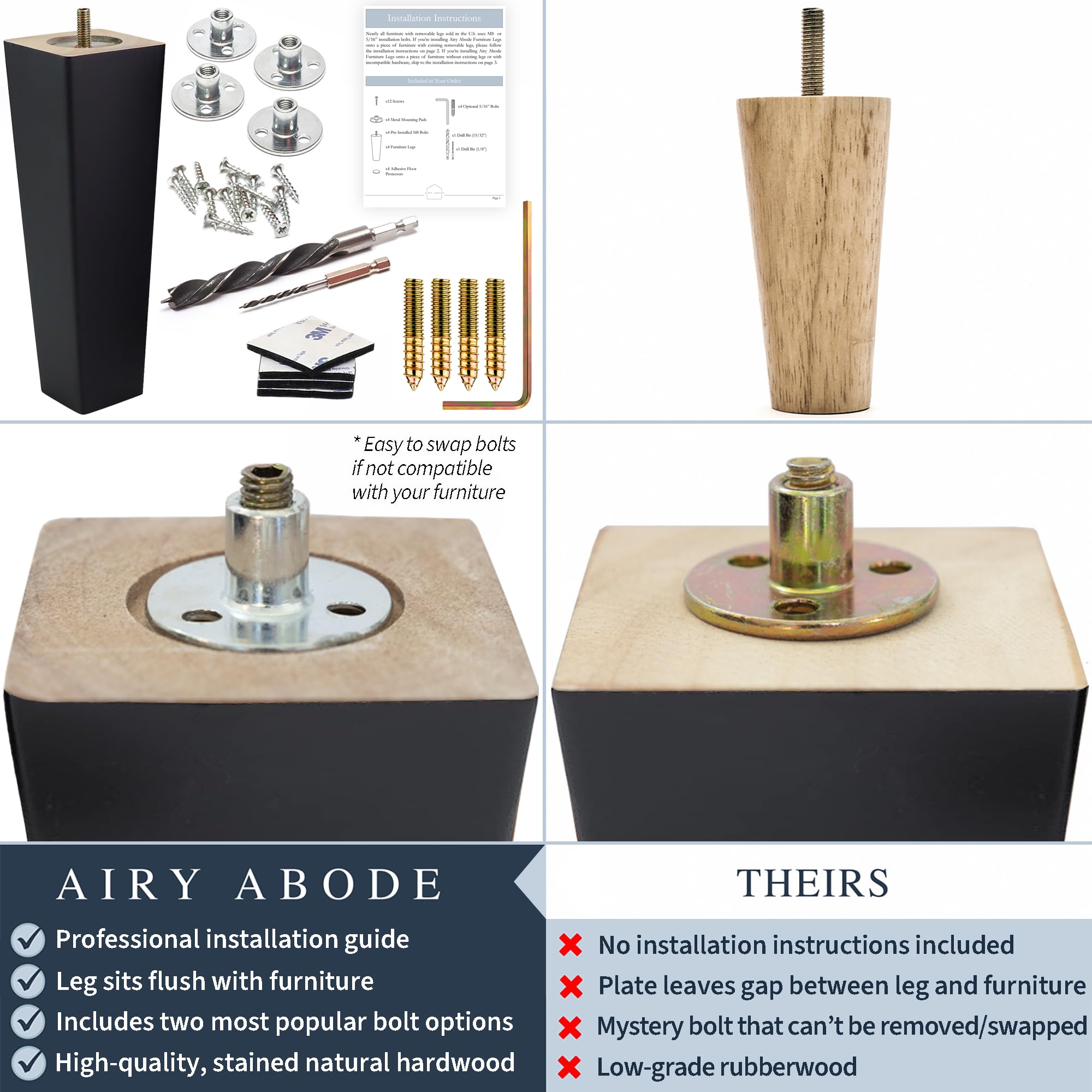 Black Square Furniture Legs Set of 4 - Adjustable Height, Multiple Size & Color Options - Perfect for Sofa, Table, Cabinet & DIY Furniture Projects