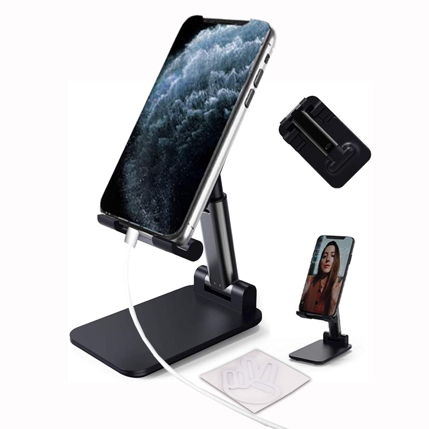 Adjustable Phone Stand for Desk - Thick Case Friendly, Universal Mobile Phone Holder with Angle & Height Adjustment - Perfect for Home Office, Gaming & Video Calls (Black)