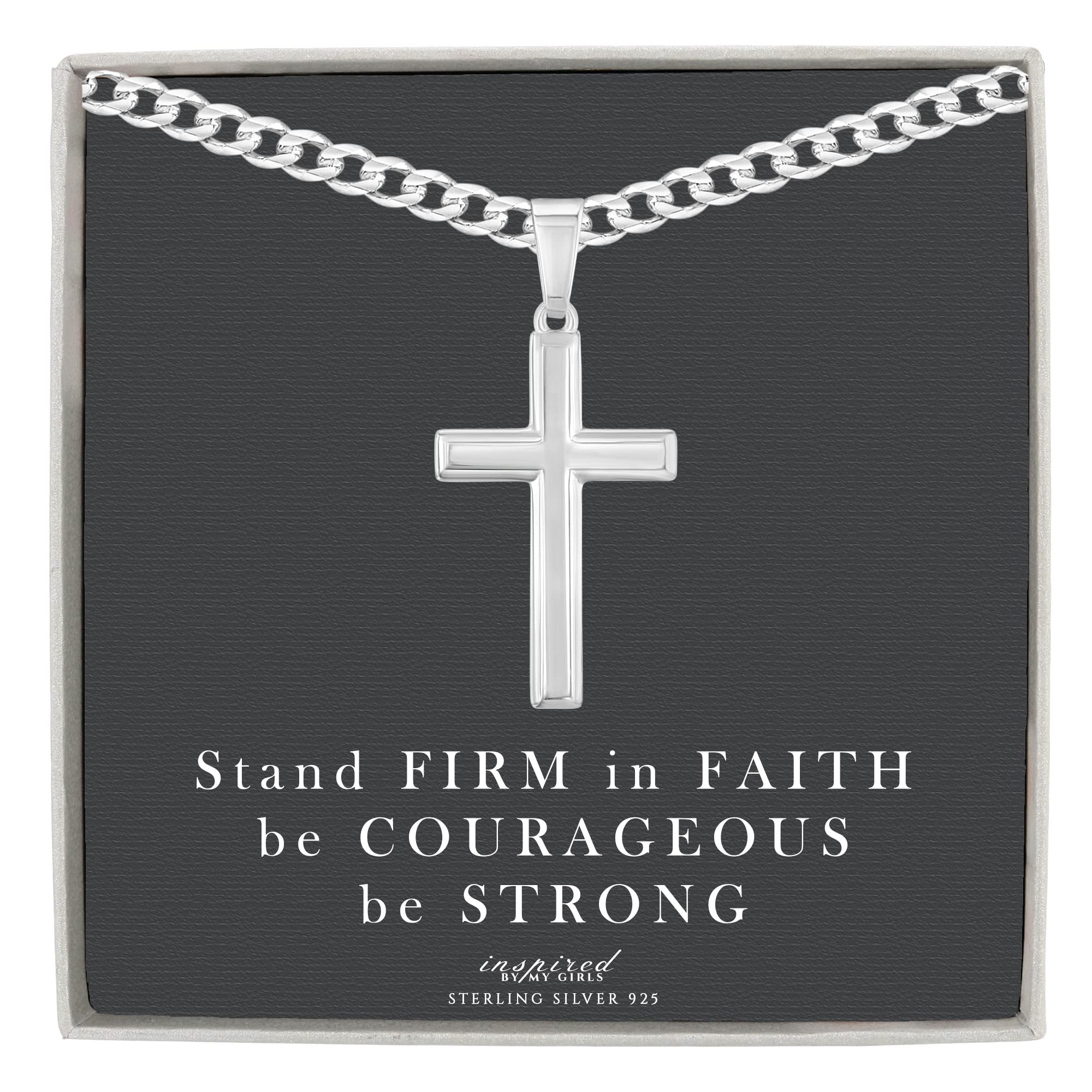 Men's Sterling Silver Cross Necklace with Curb Chain - Religious Jewelry Gift Set with Keepsake Card (Perfect for Baptism, Confirmation & Christmas Gifts) - Elegant Gift Box Included