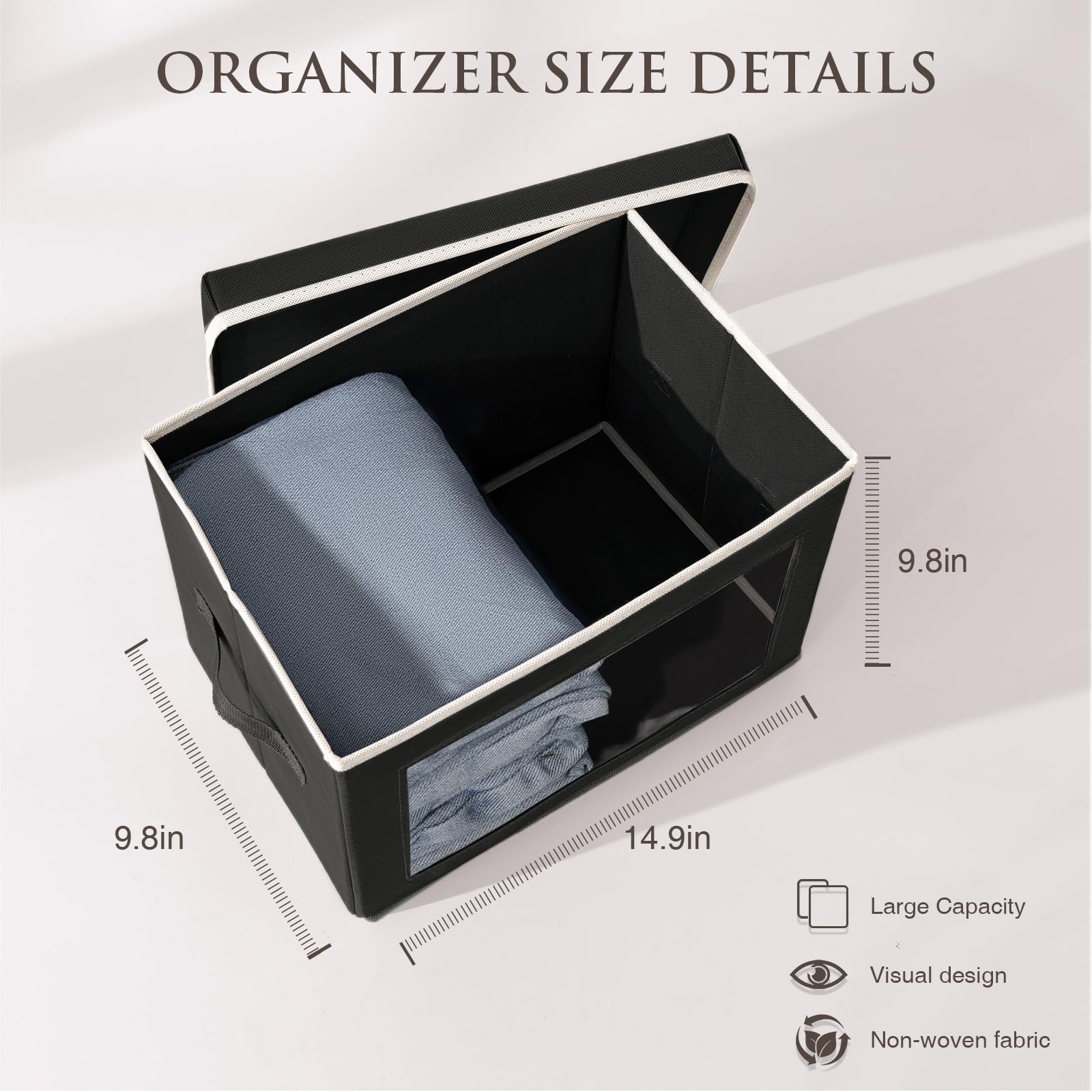 Collapsible Storage Bins with Lids & Handles - 3 Pack Fabric Closet Organizers with See-Through Window for Clothes, Towels, Books - Perfect for Bedroom, Closet, Nursery & Office Organization (Black)