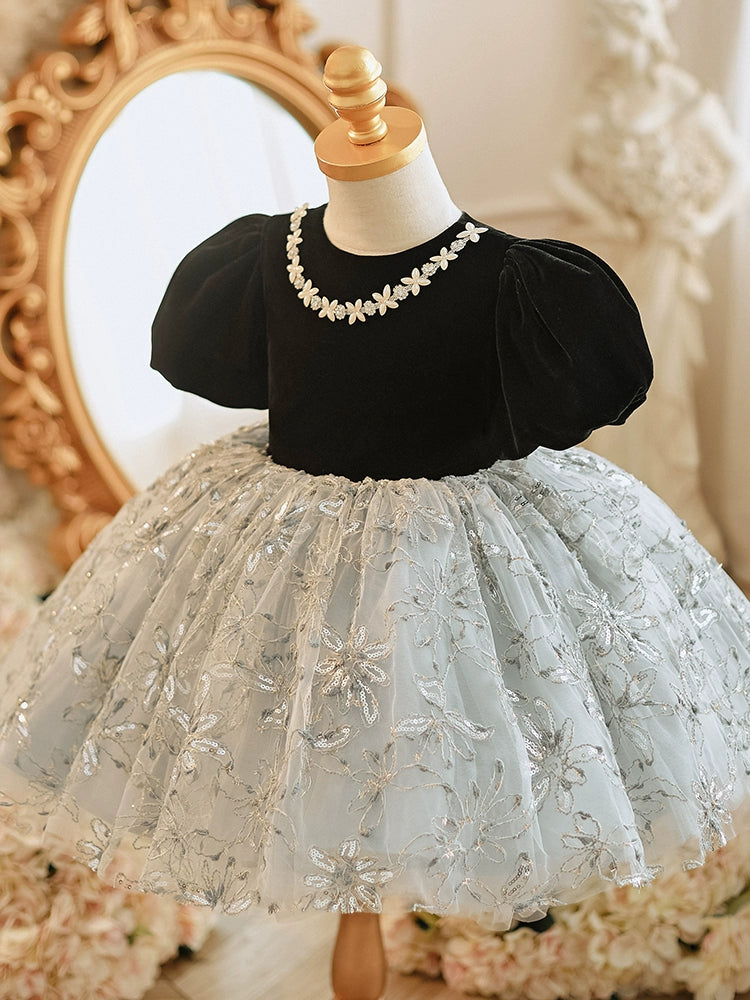 Black Princess Round Tea Length Lace Flower Girl Dress for Weddings, Birthday Parties & Special Occasions