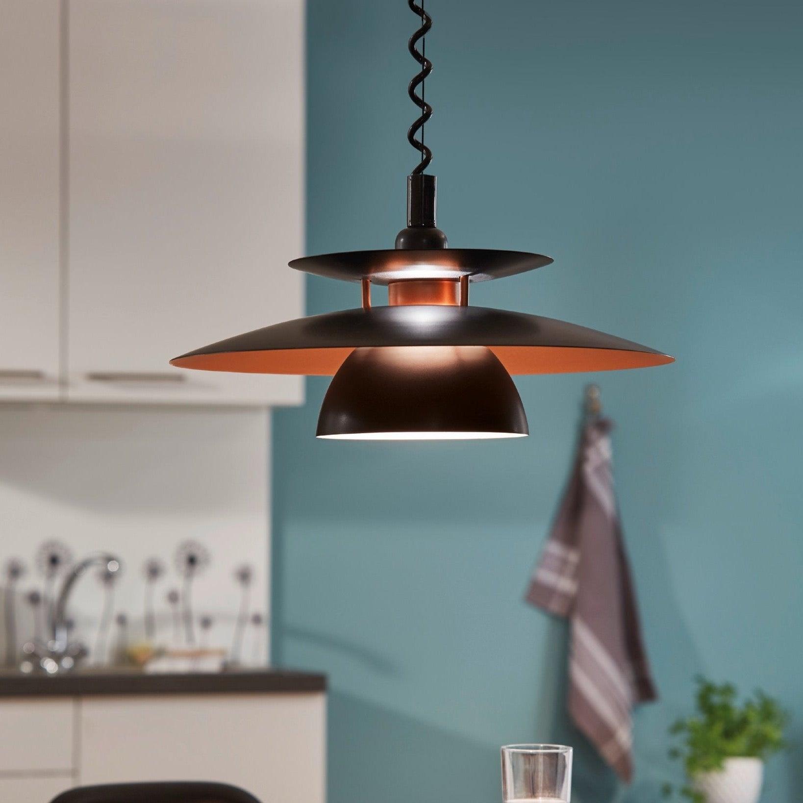 Eglo Brenda Black & Copper Height Adjustable Ceiling Pendant Light - Modern Industrial Fixture for Kitchen Island, Dining Room, or Living Room Lighting