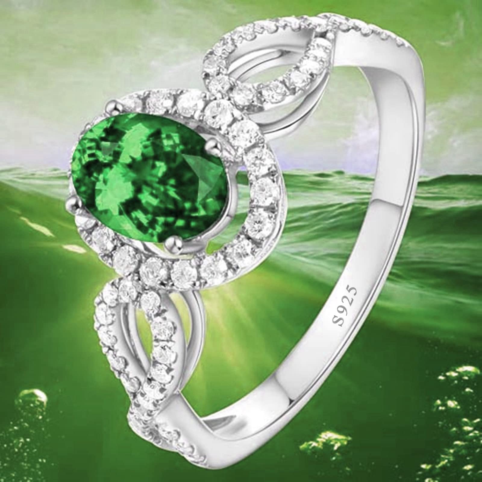 Gualiy Women's 925 Sterling Silver Wedding Band - Green Oval Cubic Zirconia Engagement Ring for Women Size 4-11 | Perfect for Bridal, Anniversary & Special Occasions