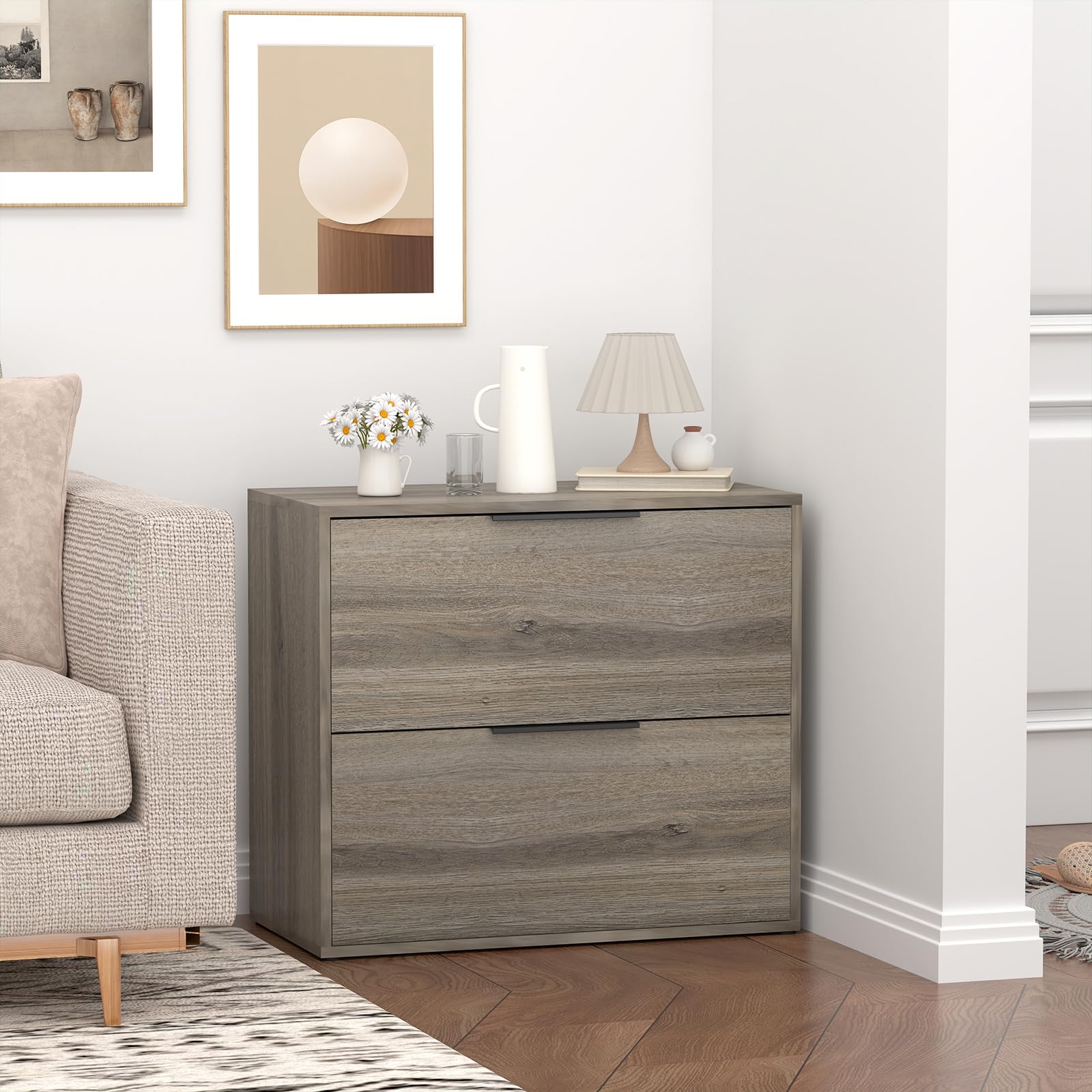 2-Drawer Wooden Lateral File Cabinet for Home Office - Farmhouse Style with Hanging Bars for Letters/Legal (Grey) - Perfect for Organizing Documents in Small Spaces & Home Offices