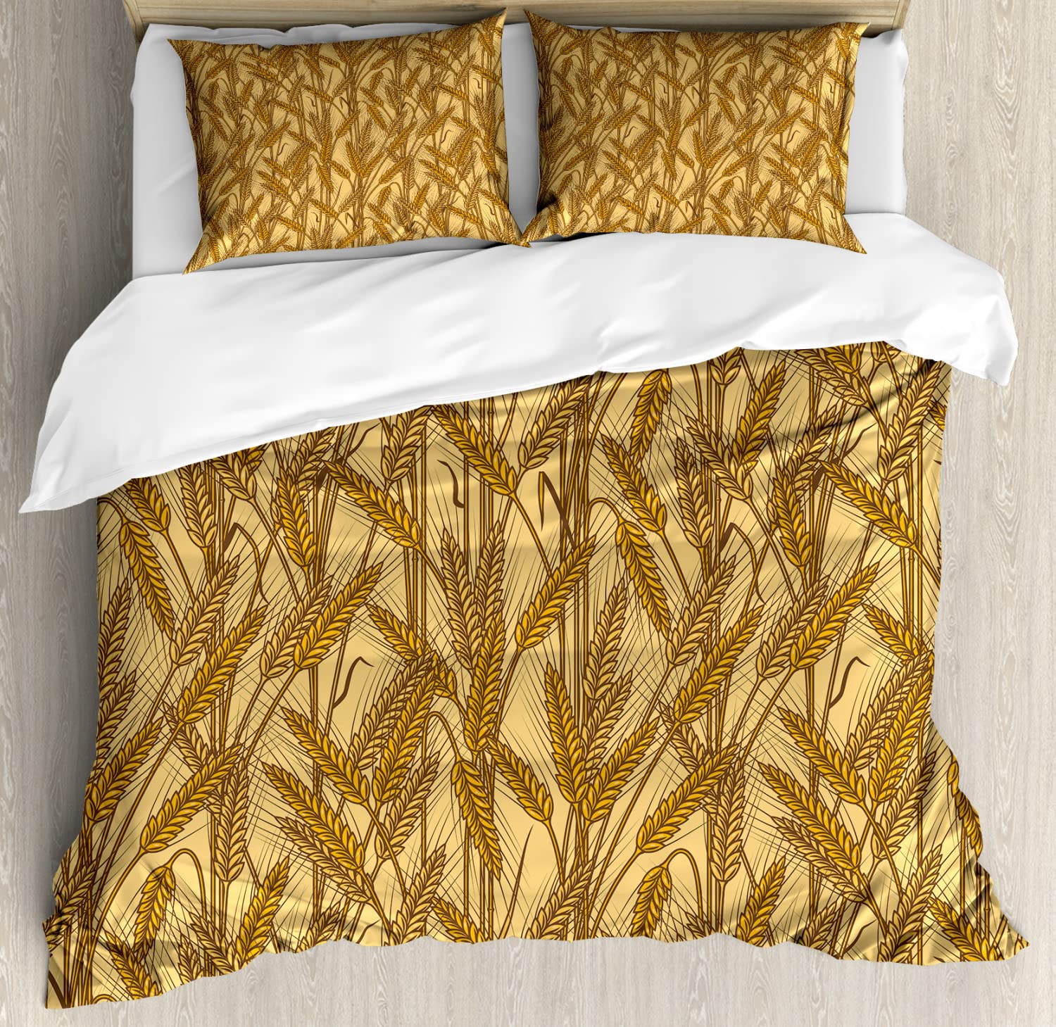 Ambesonne Harvest Duvet Cover Set - King Size 2-Pack with 2 Duvet Covers & 4 Pillowcases, Mustard Yellow Farmhouse Style Wheat Field Print - Perfect for Country Living, Farmhouse Decor & Cozy Bedroom Makeover