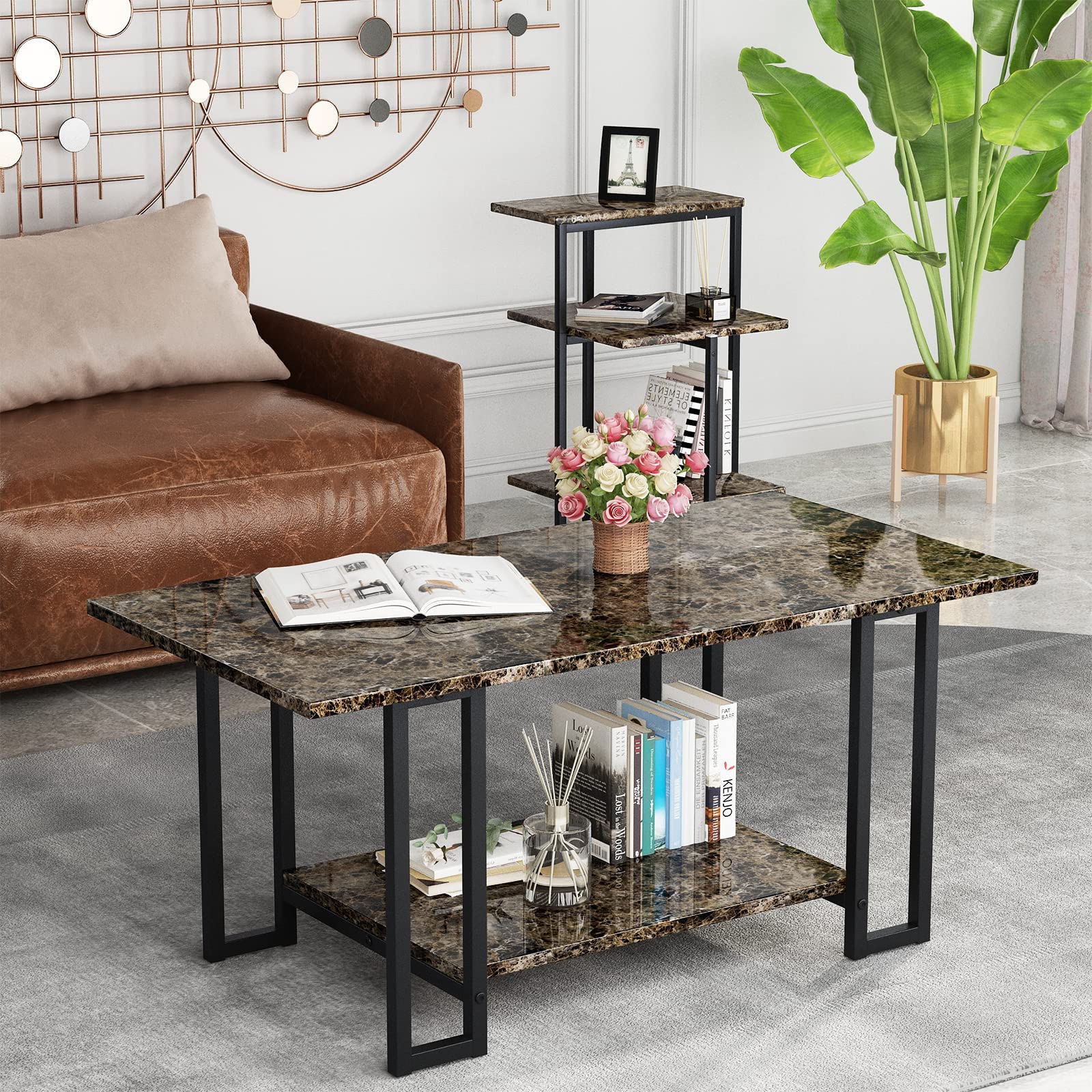AWQM Modern Coffee Table Set with Faux Marble Top & Metal Frame - Rectangle Living Room Table & 2 End Tables in Brown/Black - Perfect for Small Spaces, Apartments, Lounge Decor (Living Room Furniture Set for Home & Office)