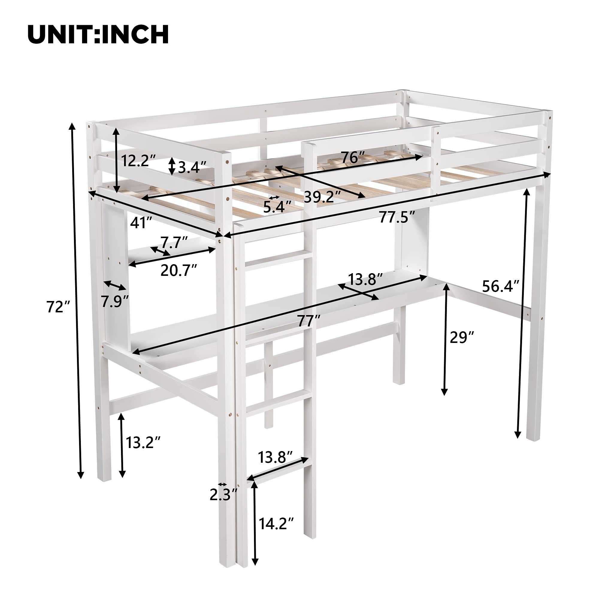 **Wooden Loft Bed Frame with Storage Shelves & Under-Bed Desk - Full-Length Guardrail & Built-in Ladder - Twin Size, White - Perfect for Kids, Teens & Adults - Space-Saving Bedroom, Dorm, or Studio Apartment Solution**