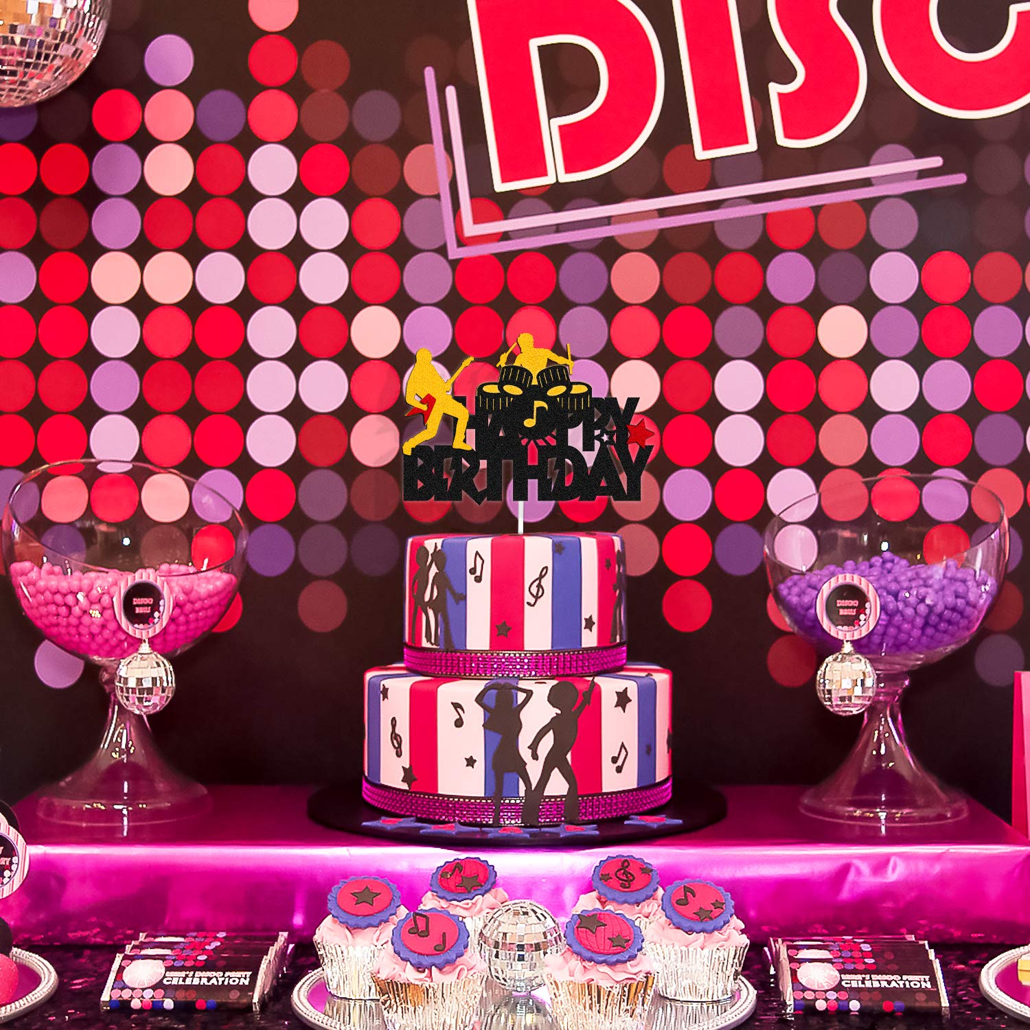 Rock and Roll Music Cake Topper - Happy Birthday Sign with Drums, Guitar & Musical Notes - Glitter Black Cake Decorations for Rock Themed Parties | Perfect for Musician Birthday Cakes & Rock n' Roll Celebrations