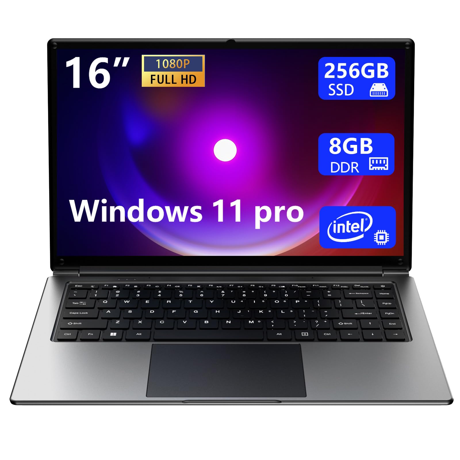 Morostron 16-inch Portable Laptop - 8GB DDR4 RAM, 256GB SSD (Expandable to 1TB), Intel Pentium Quad-Core Processor up to 2.64GHz, 9000mAh Battery, Mini HDMI & USB 3.0 Ports, Dual-Band WiFi, HD Webcam - Perfect for Work, Study & Travel