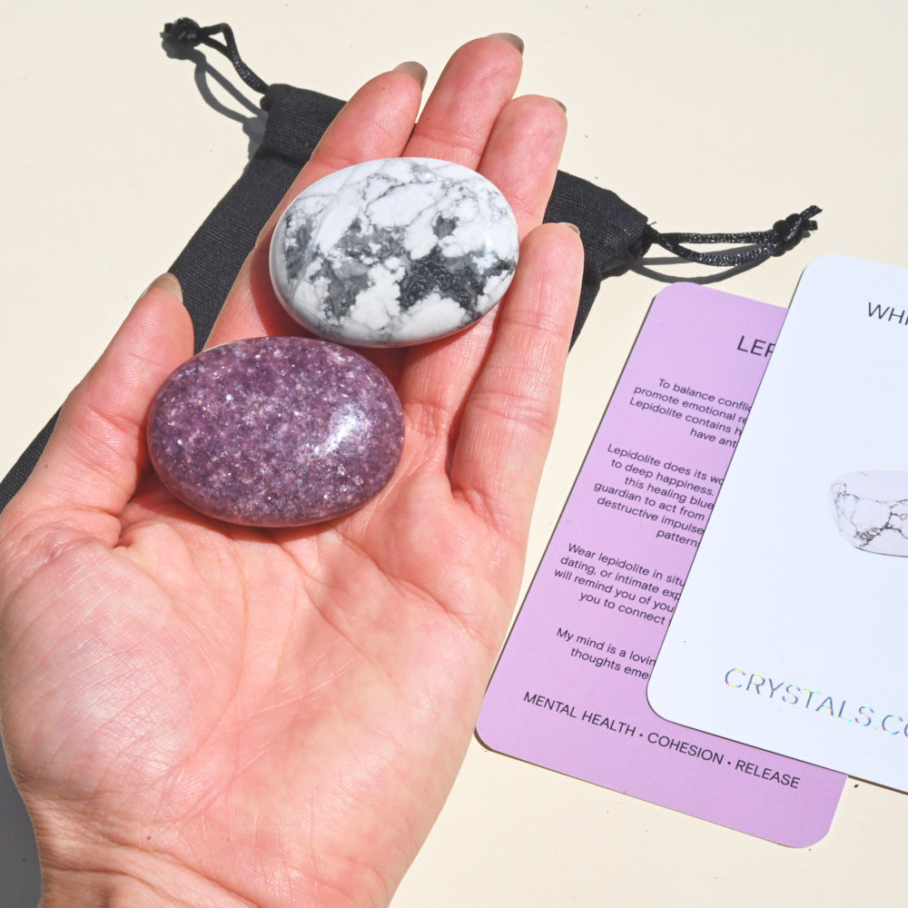 Calming Lepidolite & White Howlite Crystal Pouch - Anxiety Relief, Stress Reduction, Meditation & Sleep Aid