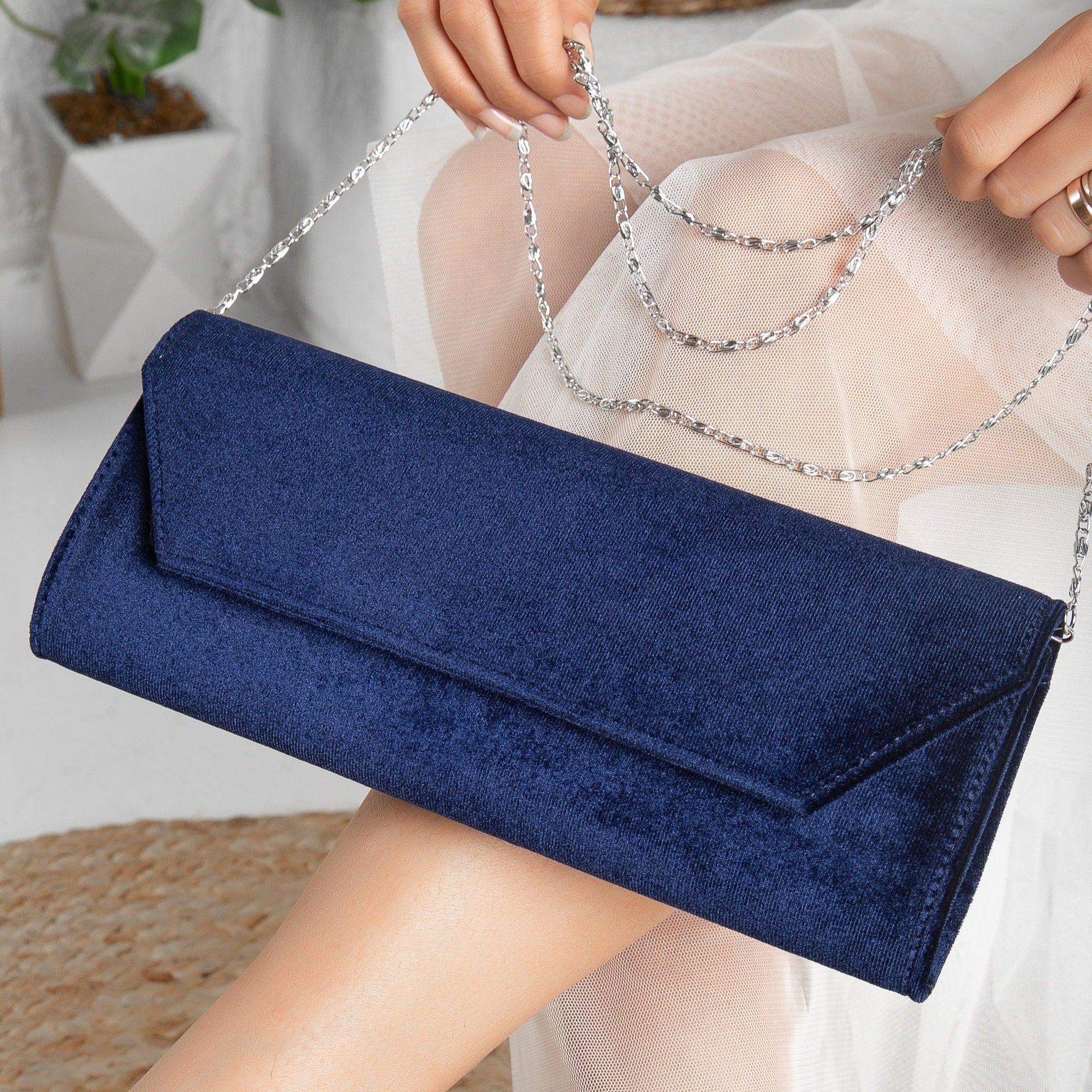 Scarlett Blue Velvet Clutch Bag for Women - Elegant Evening Purse for Parties, Weddings & Special Occasions