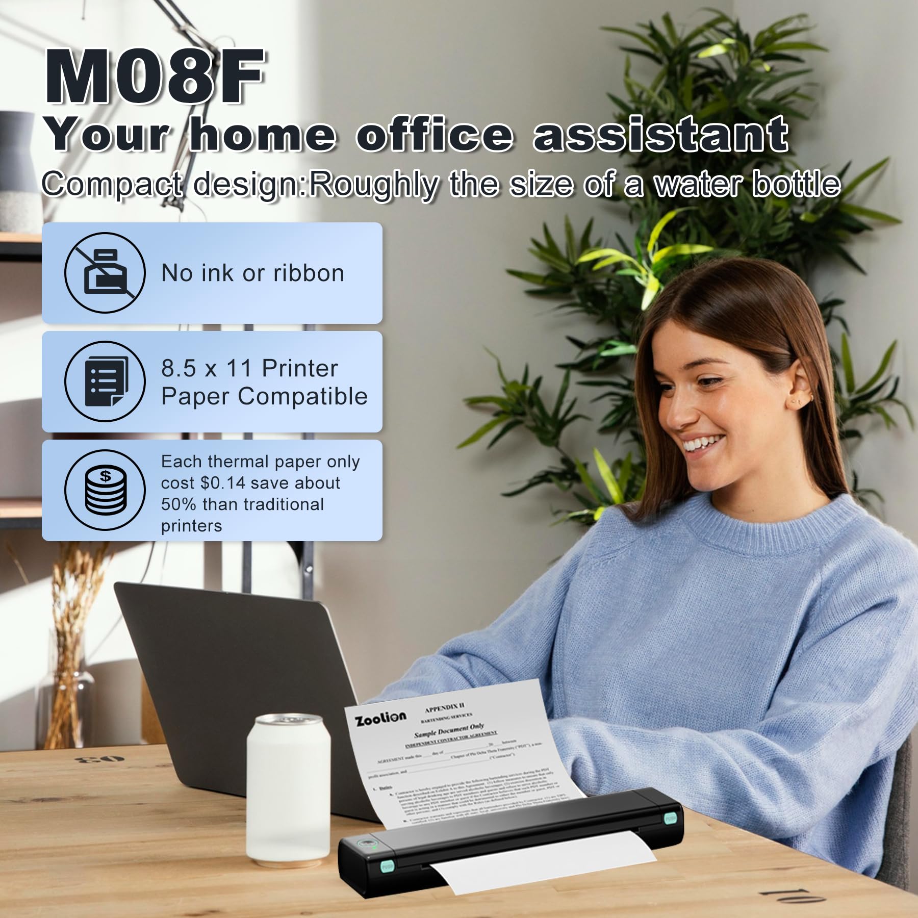 Zoolion M08F Portable Thermal Printer - Wireless, Inkless, Compact for Home Office & Travel | Supports 8.5