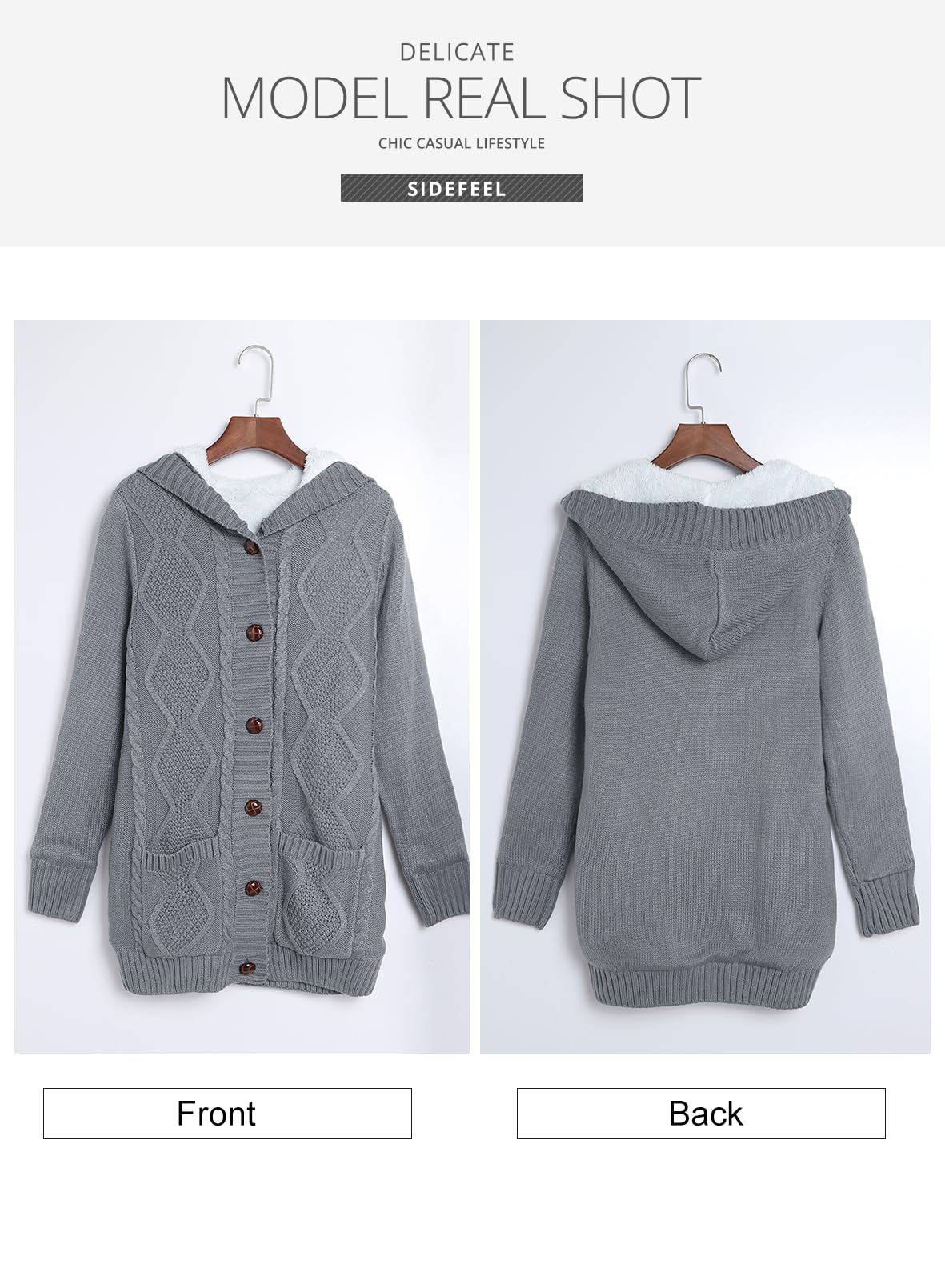 Sidefeel Women's Fleece-Lined Hooded Cardigan Sweater - Winter Button Down Jacket with Pockets | Cozy Layering for Office, Travel & Casual Outfits