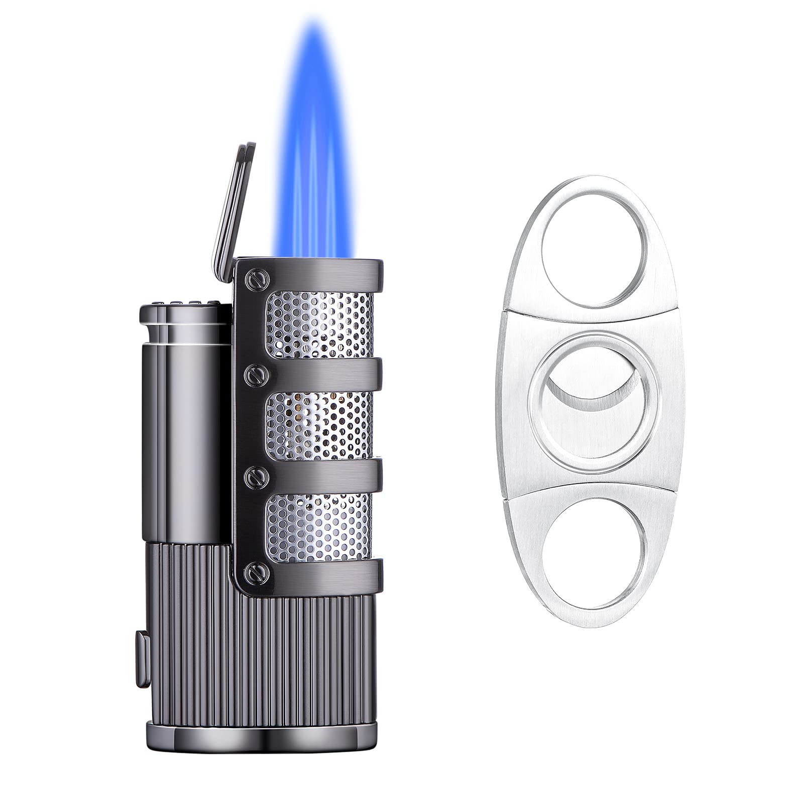 Premium Triple Flame Butane Torch Lighter - Windproof Refillable Jet Lighter with Hole Punch Cutter, Durable Metal Construction & Luxury Gift Box (Butane Not Included) - Perfect for Cigars, Cooking, DIY Projects & Outdoor Use