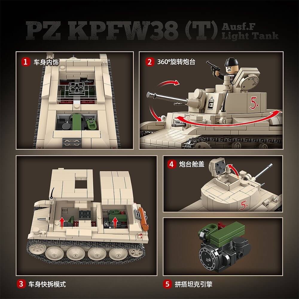 Quanguan 100285 PZ KPFW38(T) AUSF.F Light Tank Model Kit - 1/35 Scale Military Vehicle Building Set for Collectors & Hobbyists - Perfect for WWII Dioramas & Historical Displays
