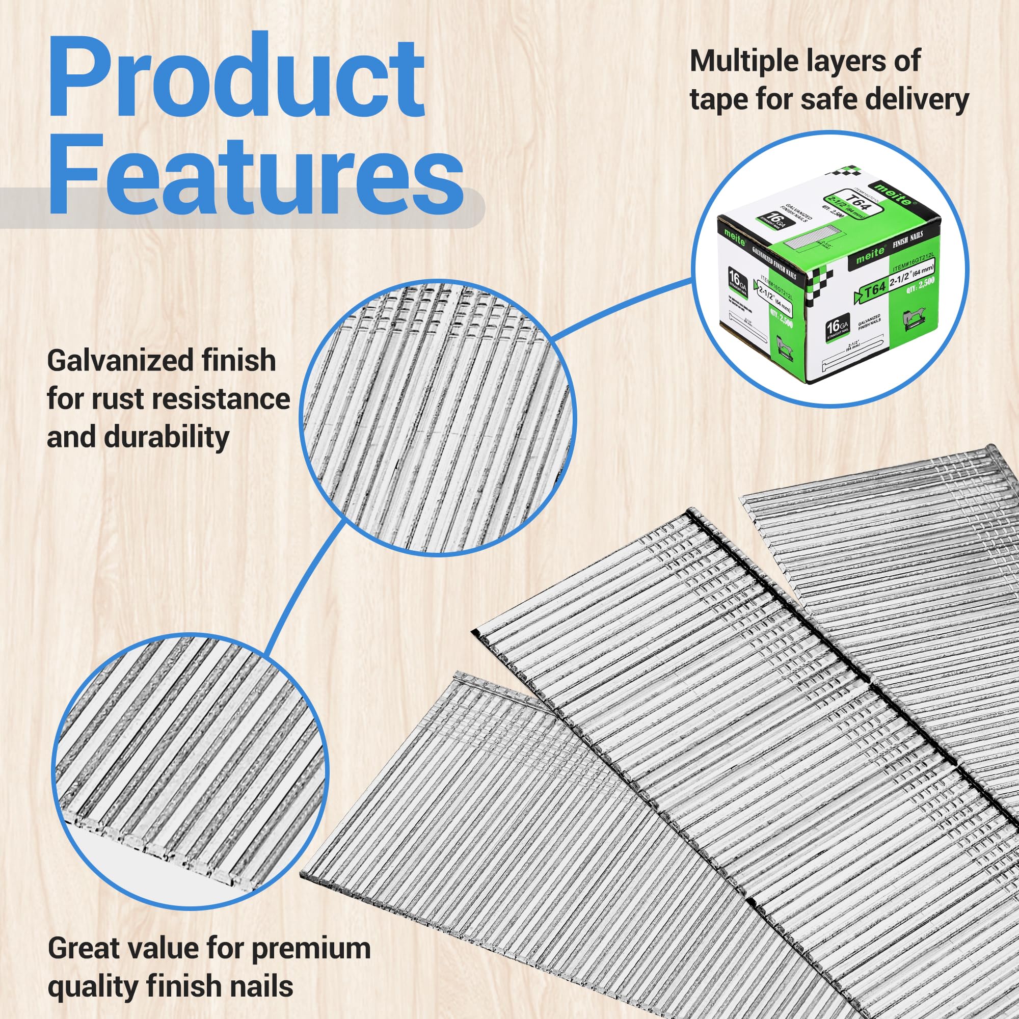 Meite 16 Gauge 2-1/2 Inch Galvanized Finish Nails for Electric & Pneumatic Nailer Guns - 1 Box (2000 Count) - Perfect for Trim Work, Crown Molding, and Baseboard Installation