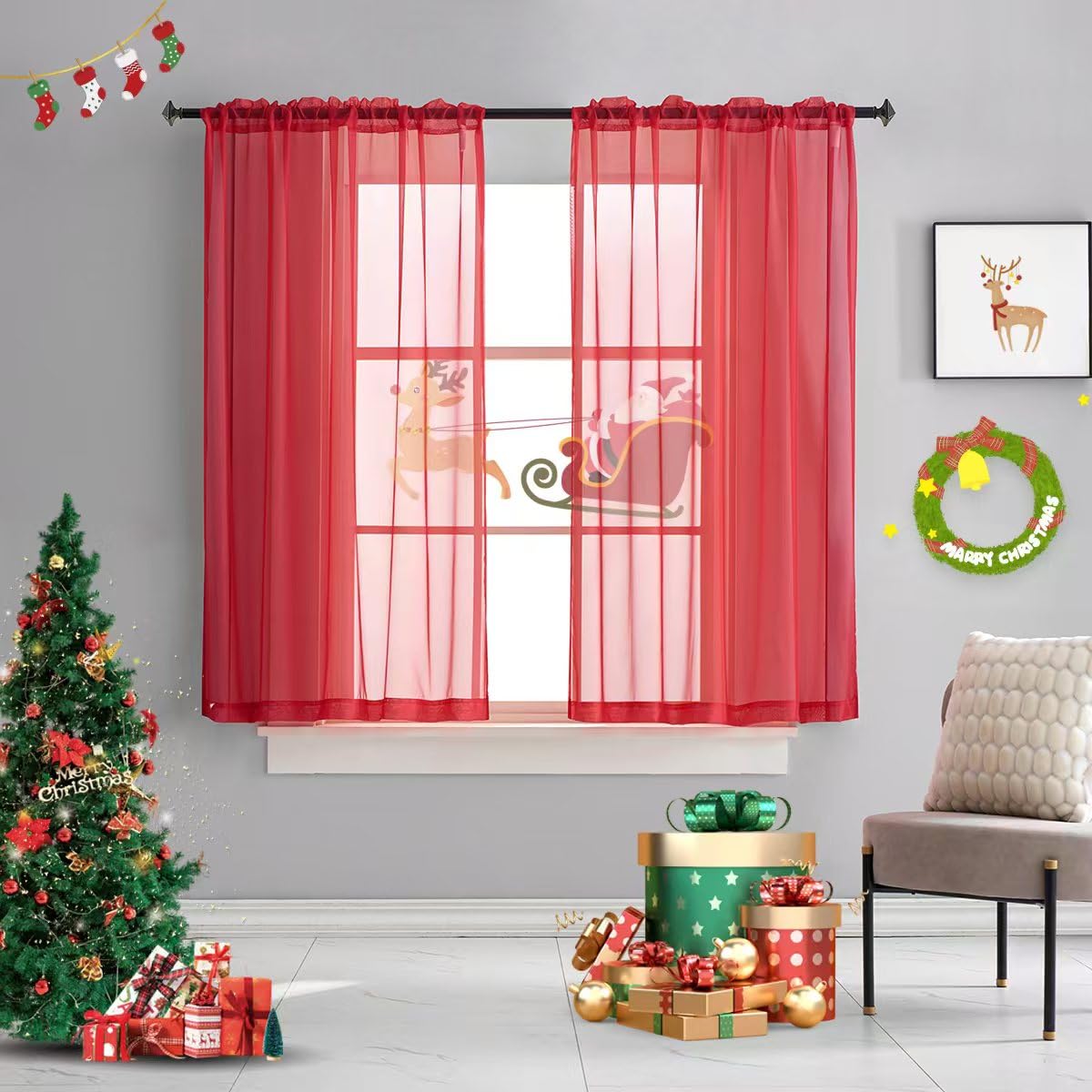 Red Sheer Voile Curtain Panels - 45 Inch Length, Rod Pocket, Translucent Solid Color for Small Windows & Kitchen Decor - Set of 2 (52x45 inches) - Perfect for Christmas Decorations & Everyday Elegance