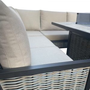 Luxury Beige Rattan L-Shaped Patio Set with Square Fire Pit Table - Outdoor Furniture for Garden, Backyard & Poolside Relaxation
