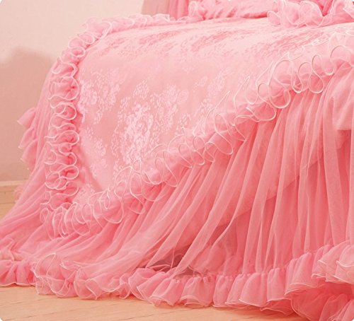 LELVA Korean Style Lace Ruffle Bedding Set - Queen Size Pink Floral Twin Bed Sheets for Girls Room, Romantic Bedroom Decor, Wedding Gift Idea