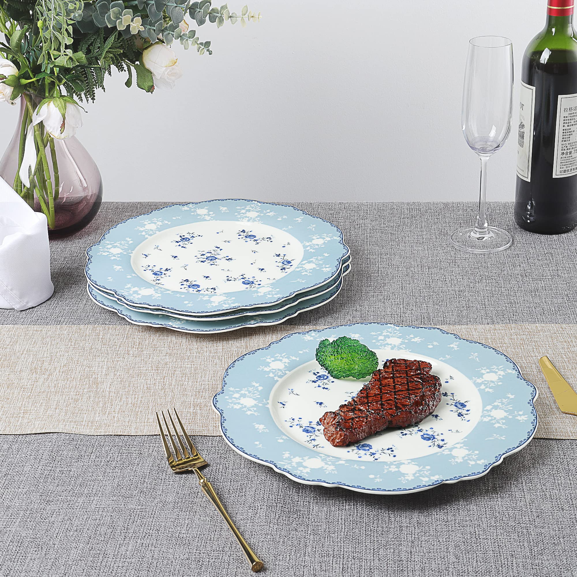 Fanquare 10 Inch Porcelain Dinner Plates Set of 4 - Elegant Blue Roses Lace Design Plates for Salad, Pasta, Soup & Dessert - Perfect for Dinner Parties, Weddings & Home Decor