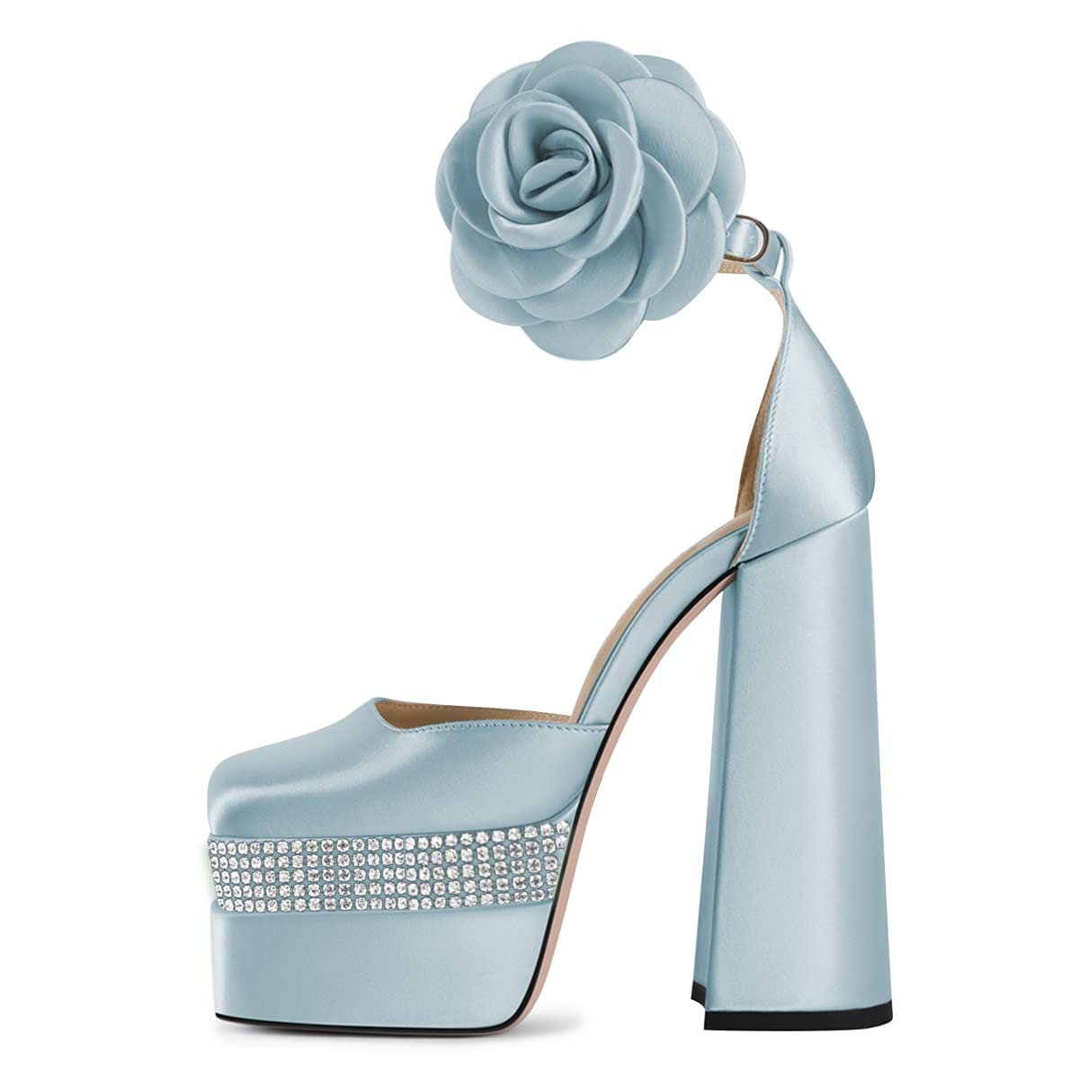 FSJ Women's Chunky High Heel Sandals - Square Toe Ankle Strap Party Shoes with Floral Detail, Satin Dress Pumps for Club & Evening Wear, US Sizes 4-15 | Perfect for Weddings, Prom & Special Occasions
