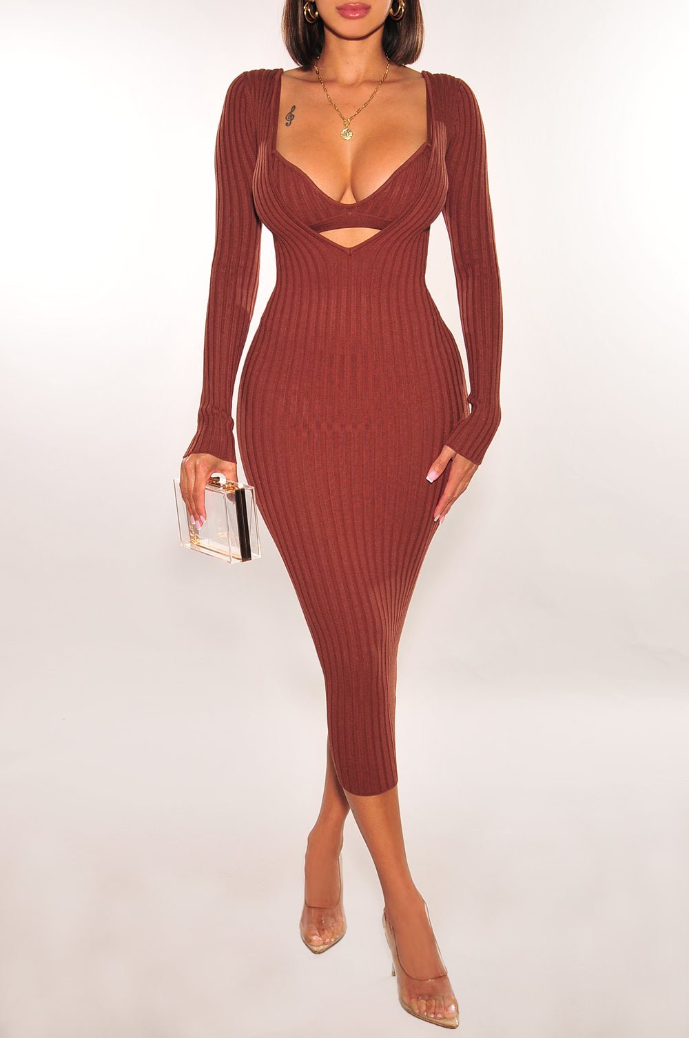 Sexy Chocolate Brown Ribbed Knit Plunge Neck Long Sleeve Midi Dress with Bralette - Perfect for Date Night, Cocktail Parties & Fall Fashion