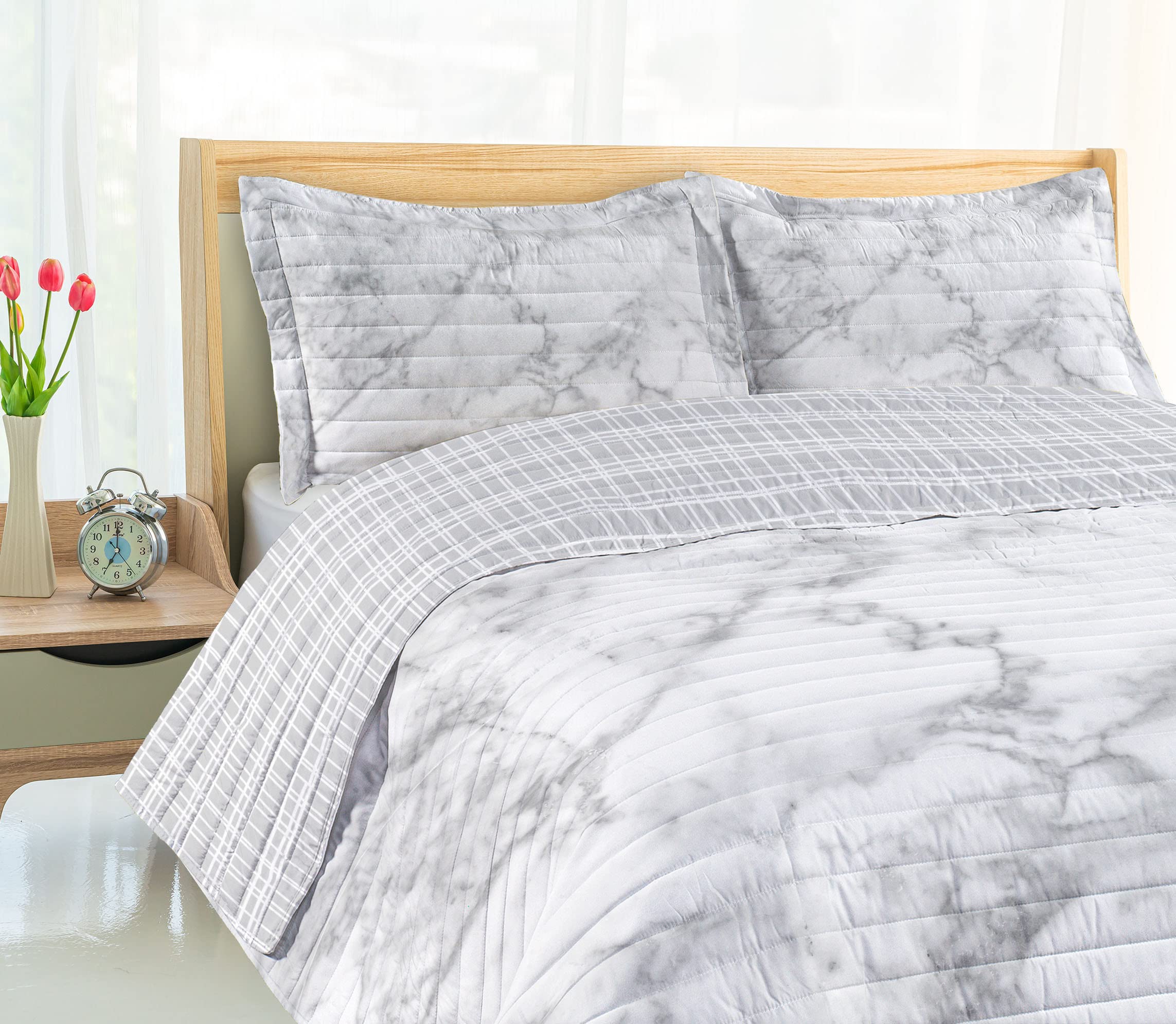 Ambesonne Reversible Queen Size Bedspread Set with Pillow Shams - Nature Inspired Marble Granite Print, Cloudy Spotted Stone Design in Pale Grey - Soft Microfiber Bedding for Cozy Bedroom Decor & Guest Room Makeover