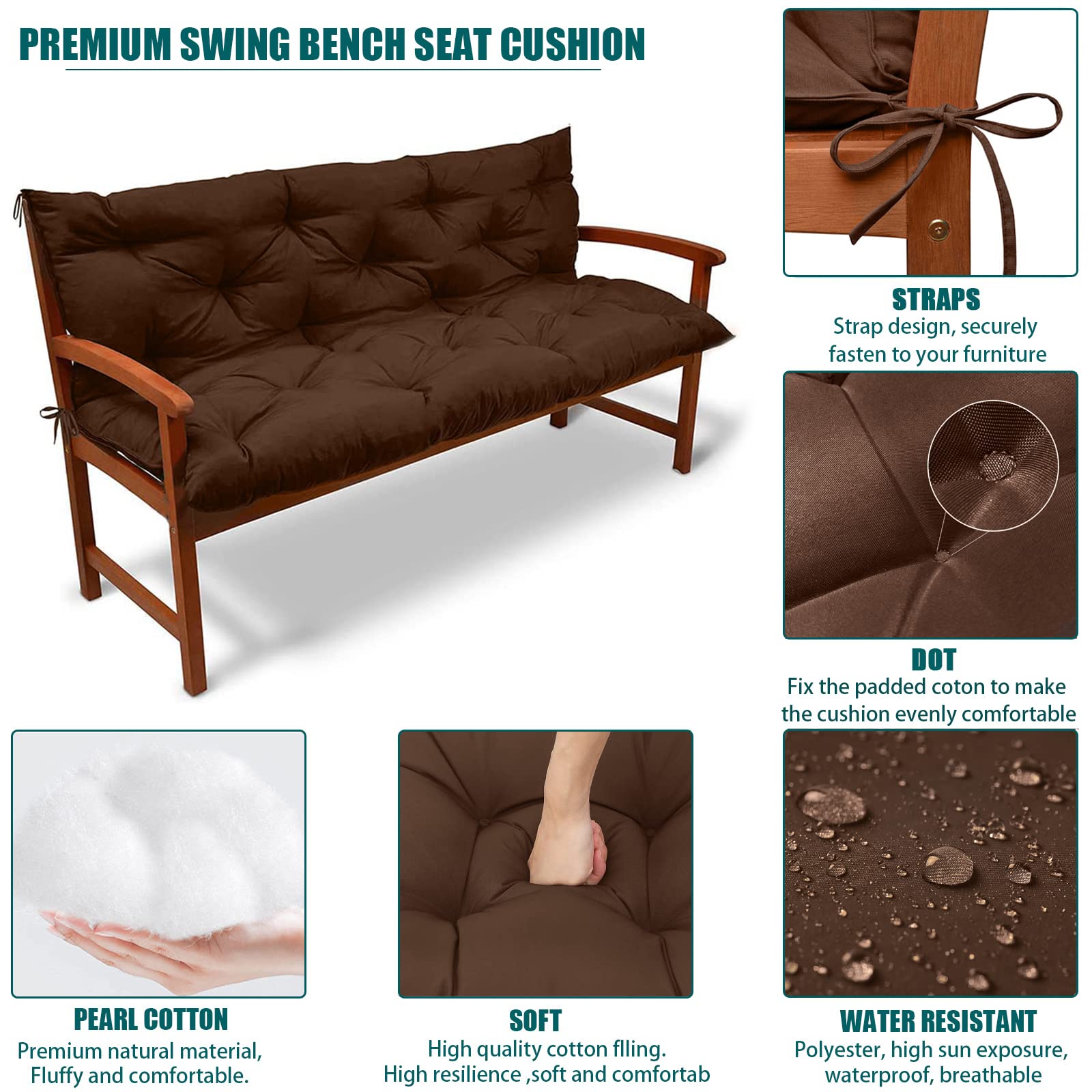 Waterproof Swing Replacement Seat Cushions for Outdoor Furniture - 2-3 Seater Bench Cushions with Backrest (Brown, 40x40in) - Perfect for Garden Swings, Patio Recliners & Porch Sofas