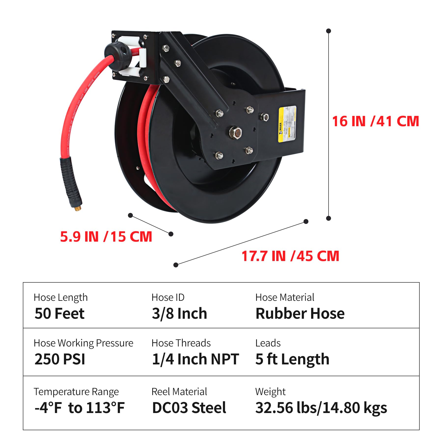 MaxWorks 80720 50ft Auto Rewind Retractable Air Hose Reel with 3/8