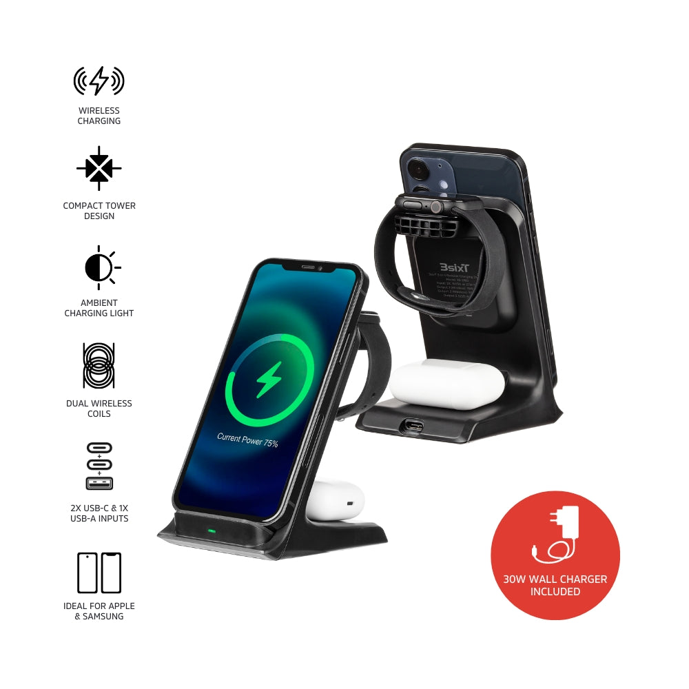 3sixT 3-in-1 Wireless Charging Station with USB-C & AC Adapter - Fast Charging for iPhone, Android & AirPods | Perfect for Home, Office & Travel