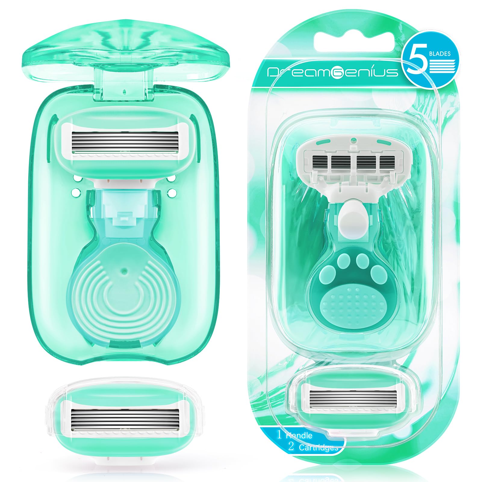 DreamGenius 5-Blade Women's Travel Razor Set with 1 Handle, 2 Cartridges & Case - Ultra Smooth Shaving for Legs, Underarms & Bikini Area - Perfect for Vacation, Gym Bag & On-The-Go Grooming Essentials