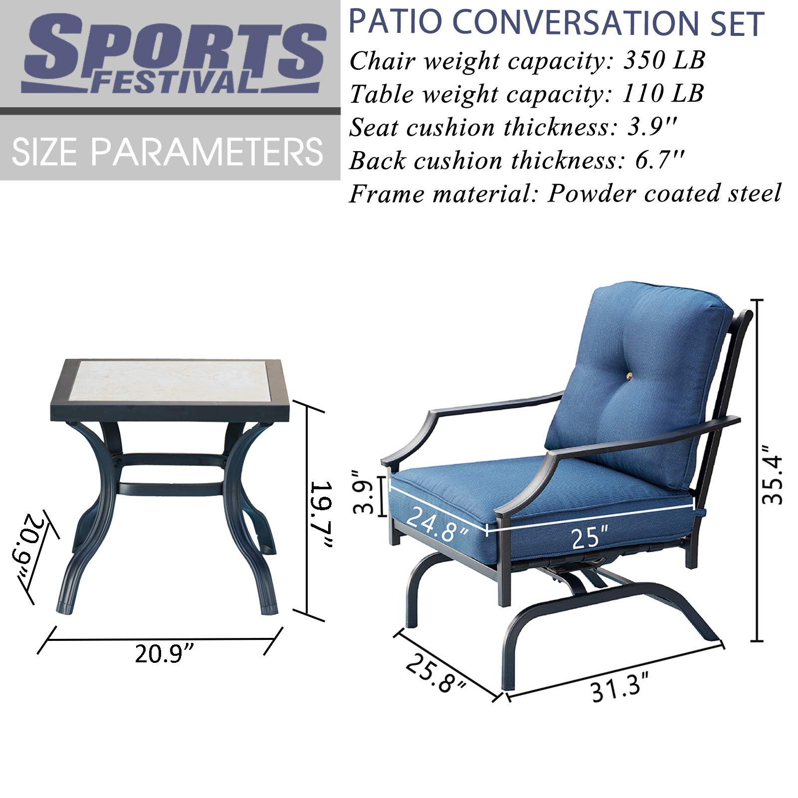 Outdoor Patio Bistro Set - 2 Metal Frame Armchairs with Thick Cushions & Side Table - Blue Garden Furniture for Balcony, Porch, Backyard - Perfect for Relaxing, Dining & Entertaining Outdoors
