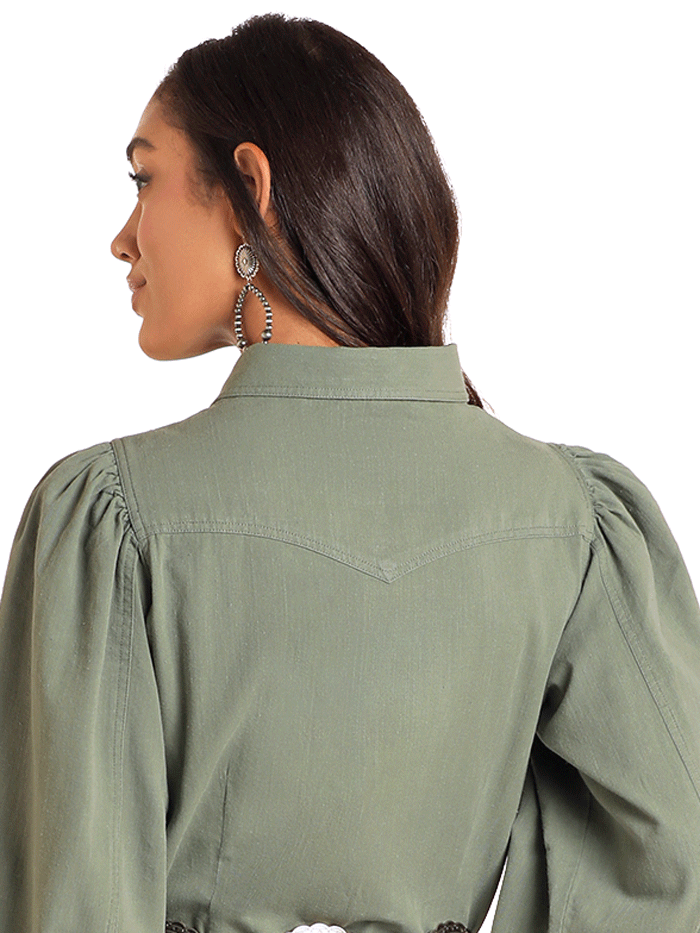 Rock & Roll Denim Womens Pleated Balloon Sleeve Dress - Olive Green Casual Chic Dress for Party, Date Night & Office Wear