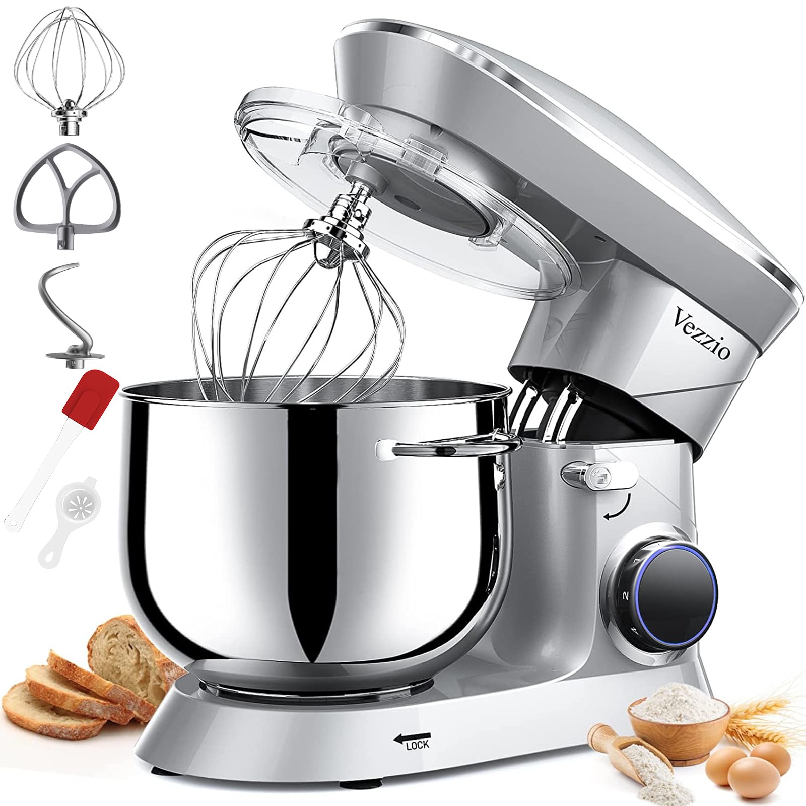 Vezzio 660W 10-Speed Tilt-Head Stand Mixer with 9.5 Qt Stainless Steel Bowl - Dishwasher-Safe Attachments for Baking, Whipping & Kneading - Perfect for Home Bakers & Cooking Enthusiasts (Silver)