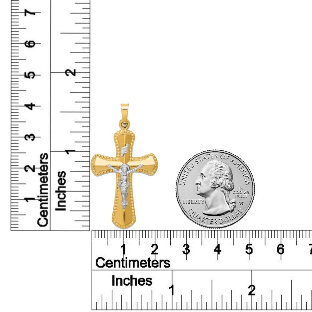14K Two-Tone Yellow & White Gold Beaded Edge INRI Crucifix Cross Pendant Necklace - Religious Jewelry for Men & Women - Perfect for Baptism, Confirmation, and Daily Wear