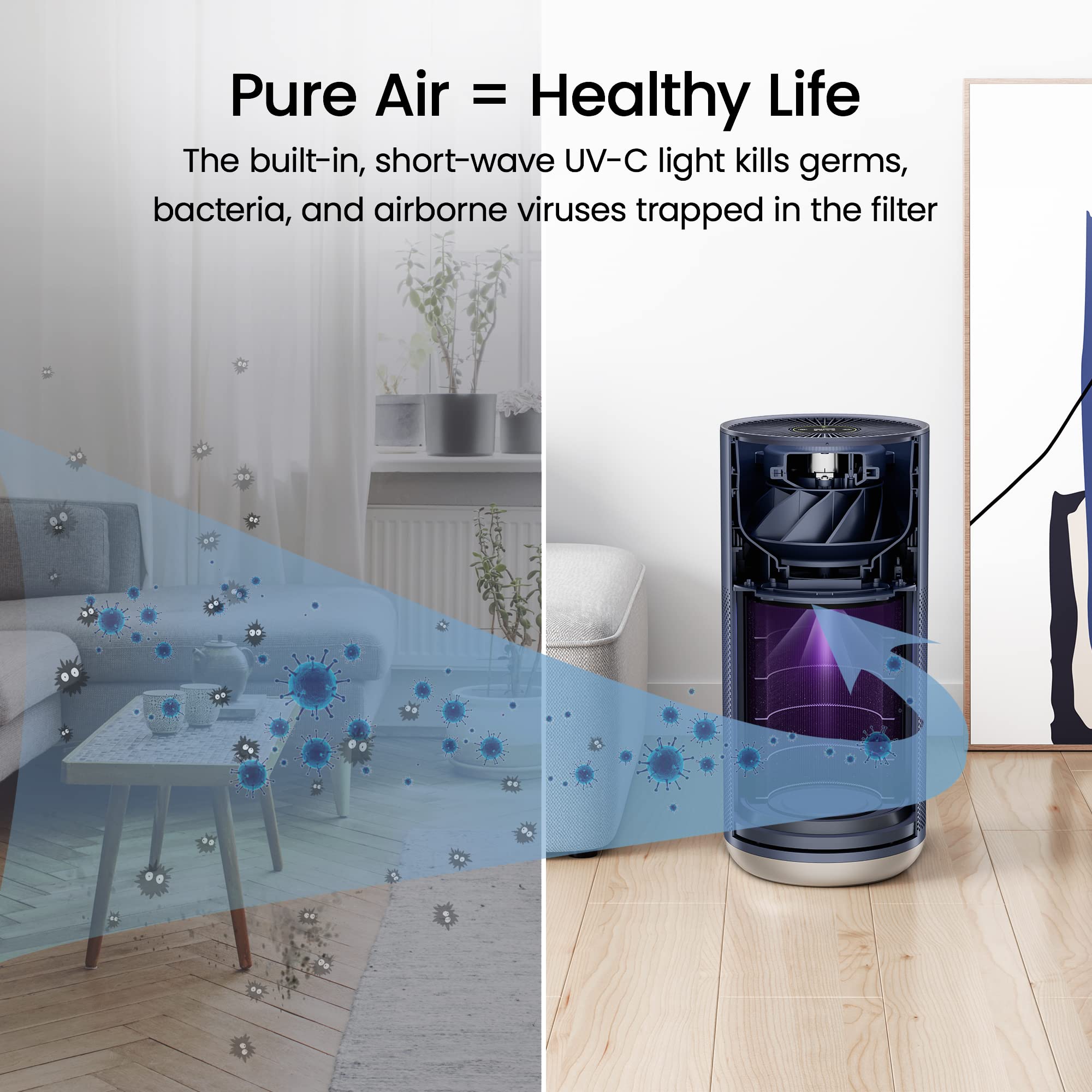 Smartmi Air Purifier 2 for Large Rooms - H13 True HEPA Filter Captures 99.97% of Pollen, Dust, Smoke & Mold - UV Light Disinfection & Smart Control - Ultra Quiet for Bedroom, Office & Living Room Use