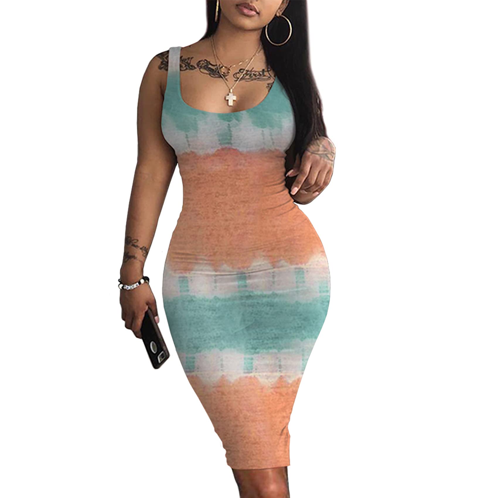 Sexy Tie-Dye Bodycon Dress for Women - Sleeveless Tank Club Party Midi Dress, Summer Casual & Night Out Outfit - Perfect for Dates, Cocktail Parties & Clubbing