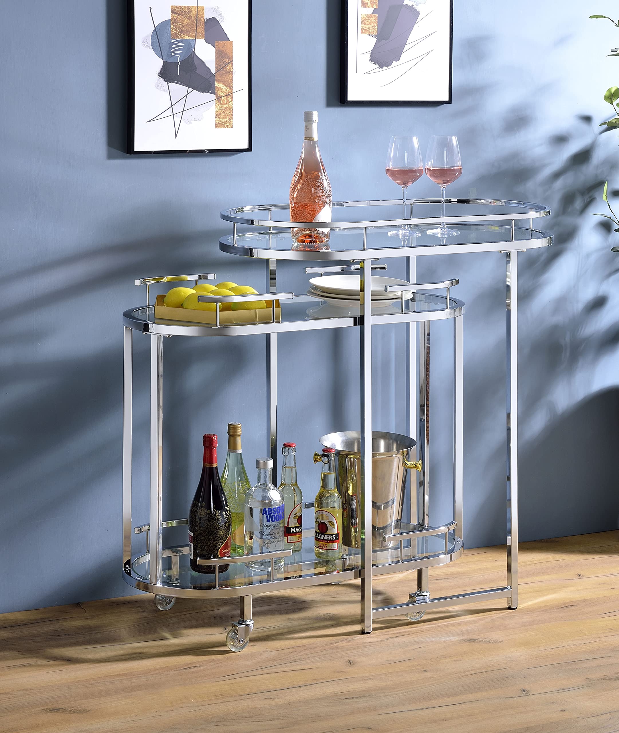 YOPOTIKA 3-Tier Serving Cart & Bar Table with Storage - Chrome & Clear Glass Kitchen Cart Workstation for Living Room, Study, Kitchen, Family Room - Perfect for Entertaining, Dining, and Organizing