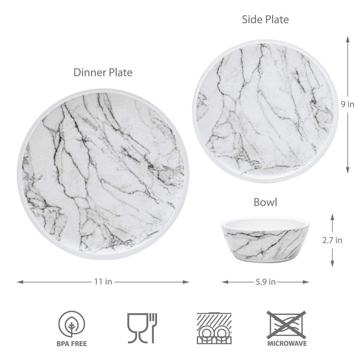 12-Piece White Marble Melamine Dinnerware Set - Plates & Bowls for Stylish Dining, Outdoor Picnics & Durable Everyday Use