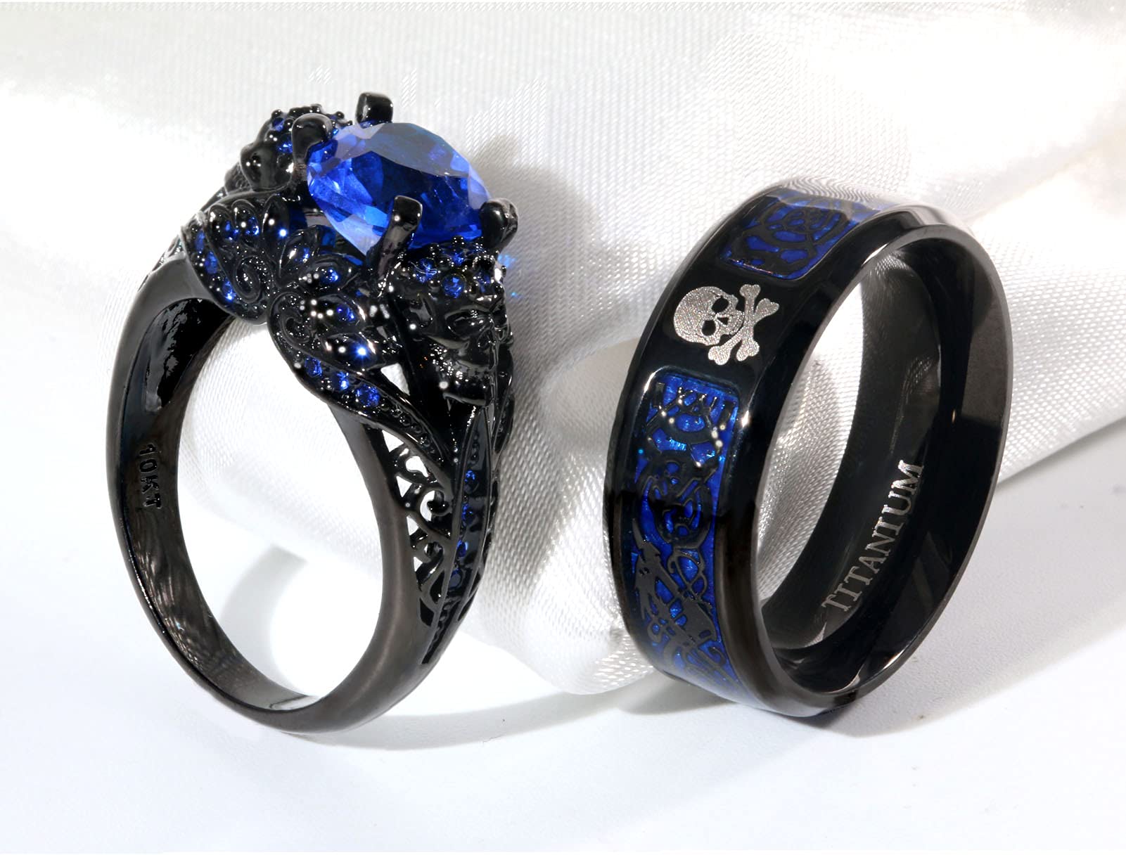 His and Hers Matching Skull Couple Rings - Gothic Punk Titanium Steel Wedding Bands for Men & Women with Heart Red CZ Stones - Perfect for Valentine's Day, Anniversary Gifts, and Alternative Wedding Jewelry